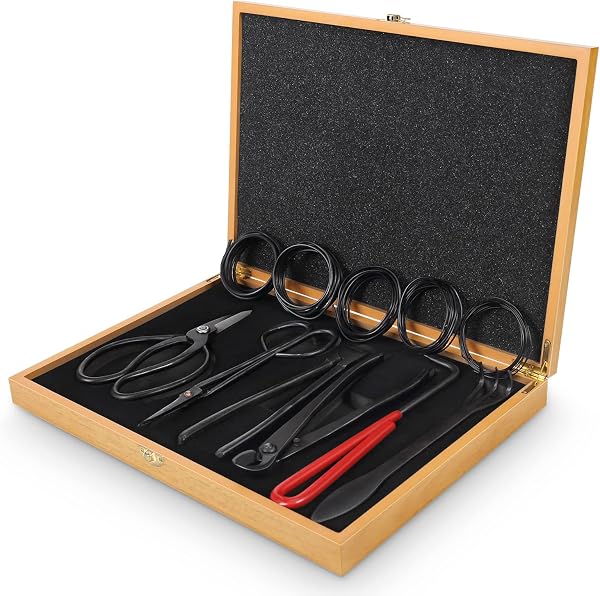 Bonsai Tools Set with Wood Box 12PCS Heavy Duty Bonsai Tree Kit, Trimming Scissor Shears, Concave Cutter, Wire Rolls, Wi