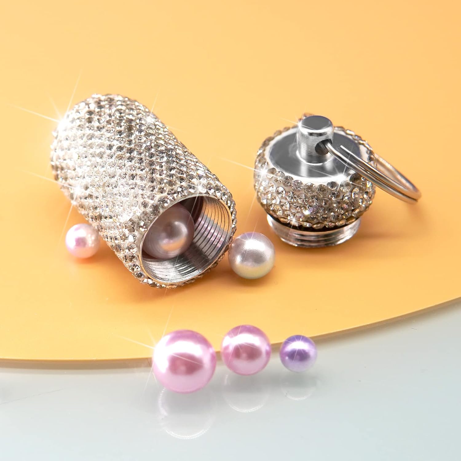 Yuchew Bling Pill Case Pill Container Rhinestone Pill Box Portable Waterproof Pocket Pill Holder Storage Bottle with Keychain for Travel, Outdoor, Camping (Silver) image 4