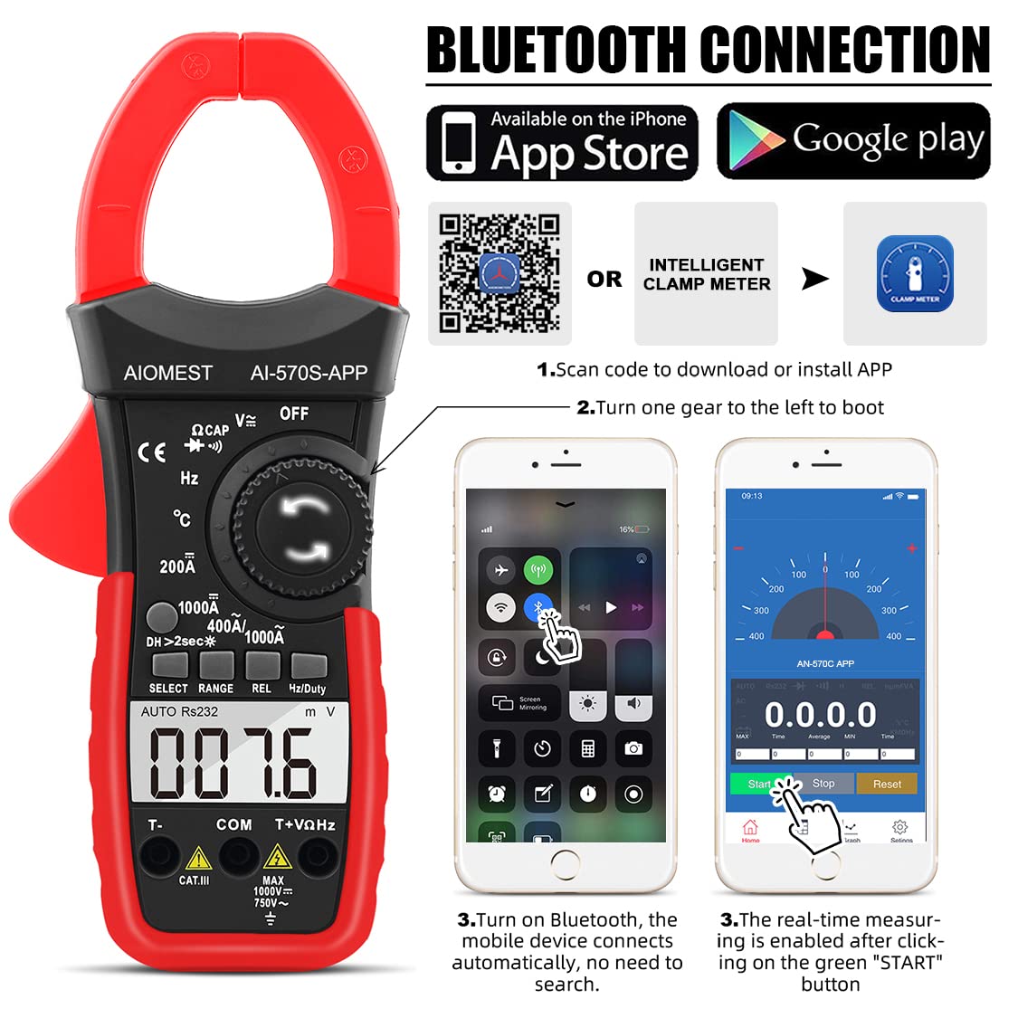 AIOMEST Digital Clamp Multimeter, AC&DC Amp Volt Ohm Tester, Auto Range Voltage Current Resistance Temp Diode Meter 6000 Counts DMM with Bluetooth APP AI-570S-APP