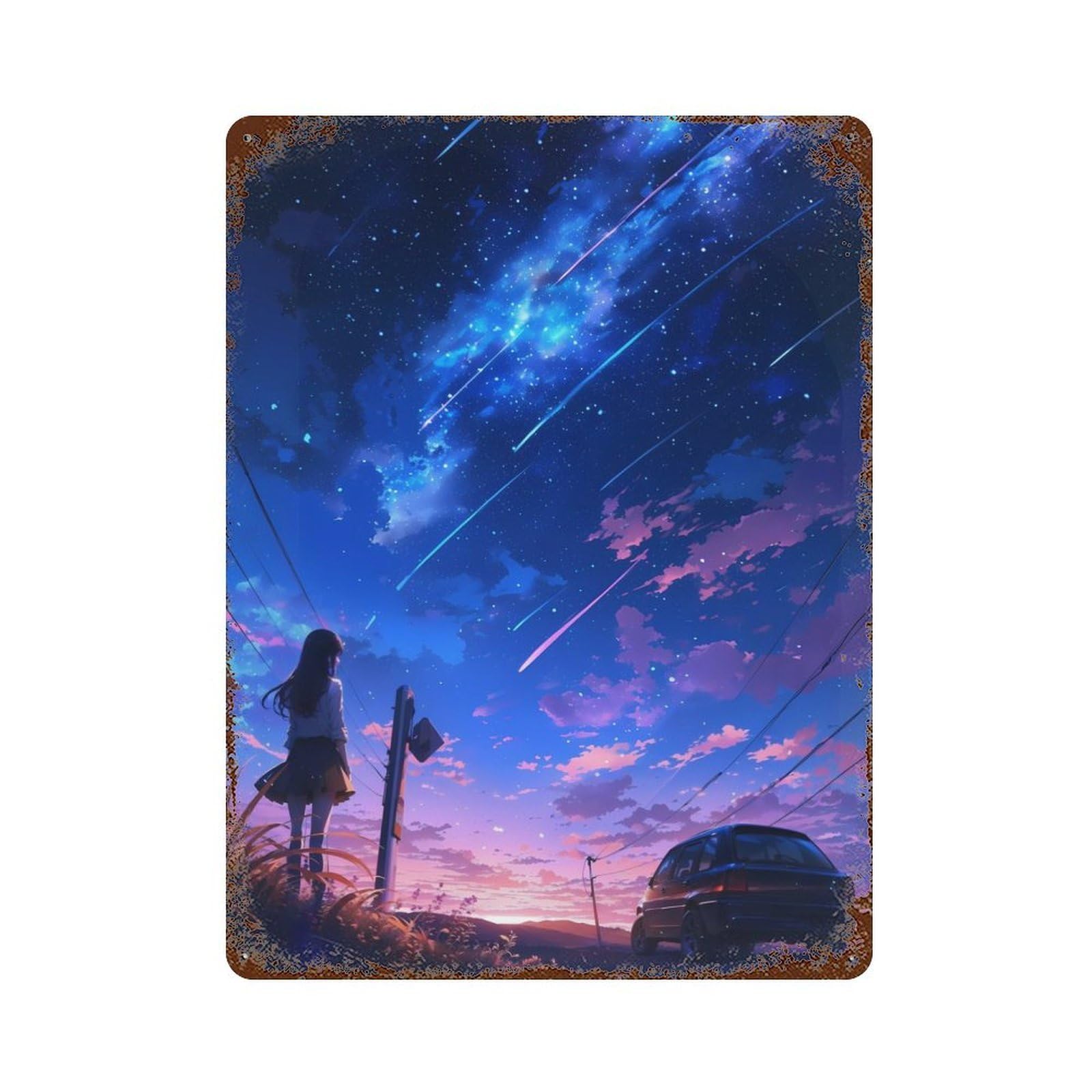Anime Starry Twilight Girl Weathered Tin Sign 15.7"x11.8", Novelty Wall Decor for Garage, Pub Or Kitchen