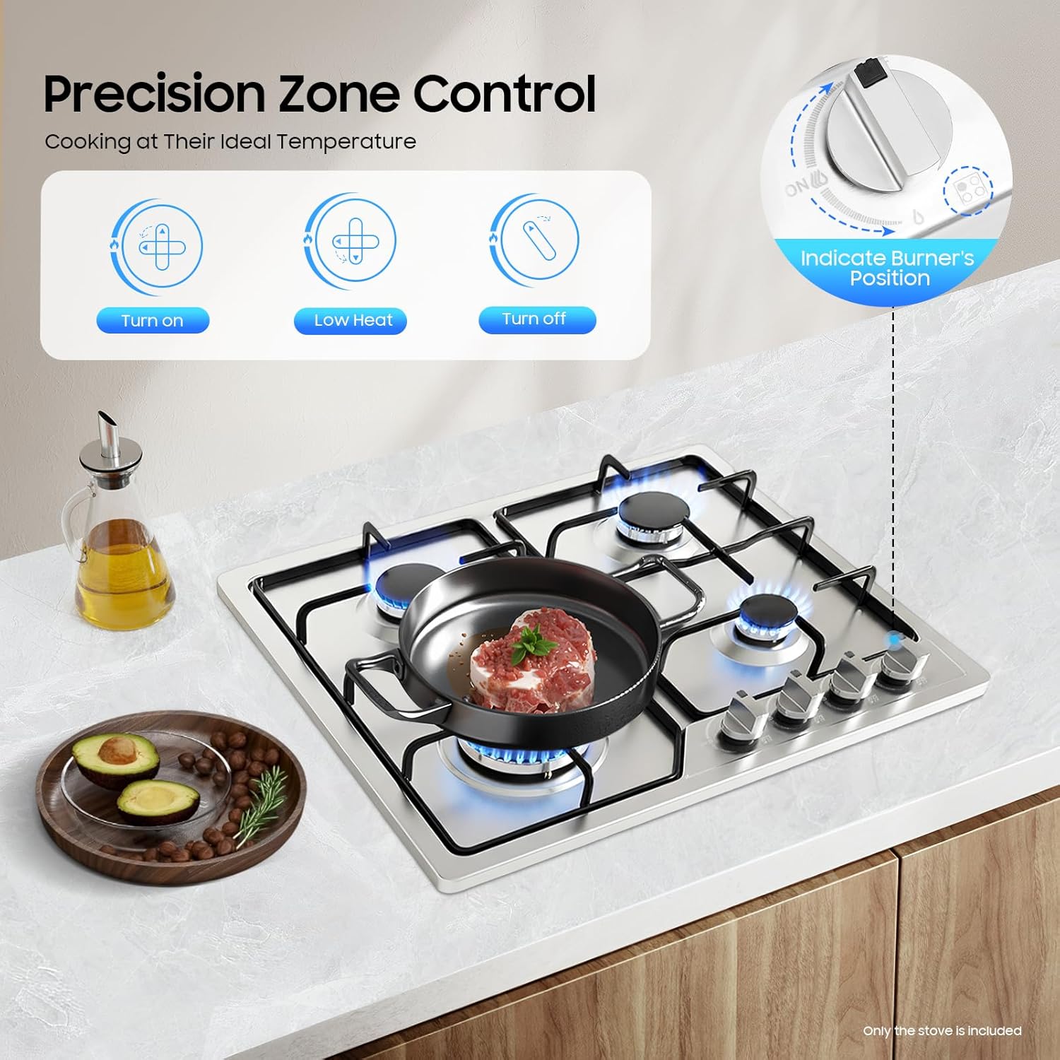 4 Burners Built in Gas Stovetop, Stainless Steel Cooktop Natural Gas Burner Stovetop with Thermocouple Flameout Protection Device for Domestic or Commercial Cooking 22.83 x 19.68 Inch