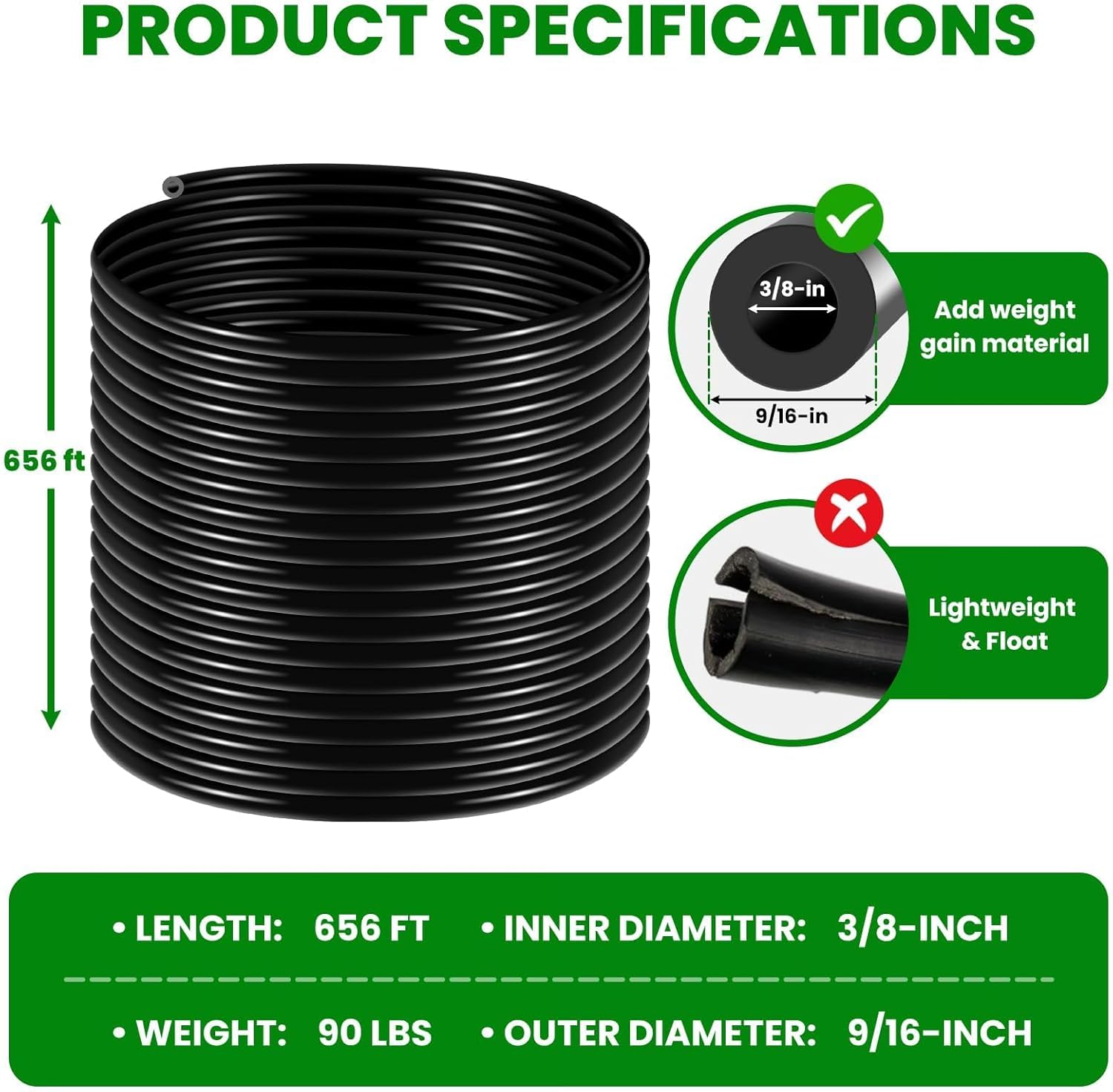 Self Sinking Aeration Hose, 3/8 inch 660 Ft Weighted Pond Aeration Tubing with 4 Stainless Steel Hose Clamps and Copper Menders used for Aquaculture,Pond Lake Aeration of Aeration(660FT)