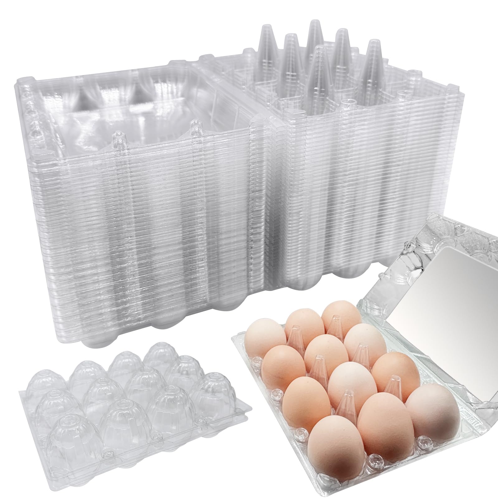 ROUDUELS 50 Pack Plastic Egg Cartons with Sticker Labels for 12 Eggs，Containers Cheap Bulk for Egg Storage and Transport Refrigerator, Family, Chicken