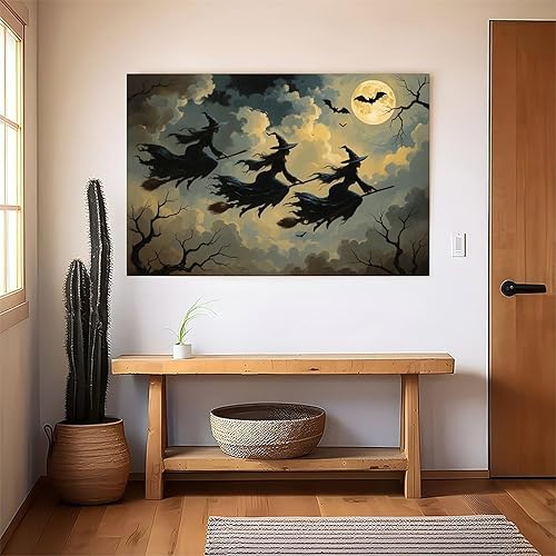 Miniatura 6 de Impresión de tres brujas voladoras Moody Witch in The Forest Imágenes para decoración de pared de Halloween, lienzo de bruja espeluznante, pintura