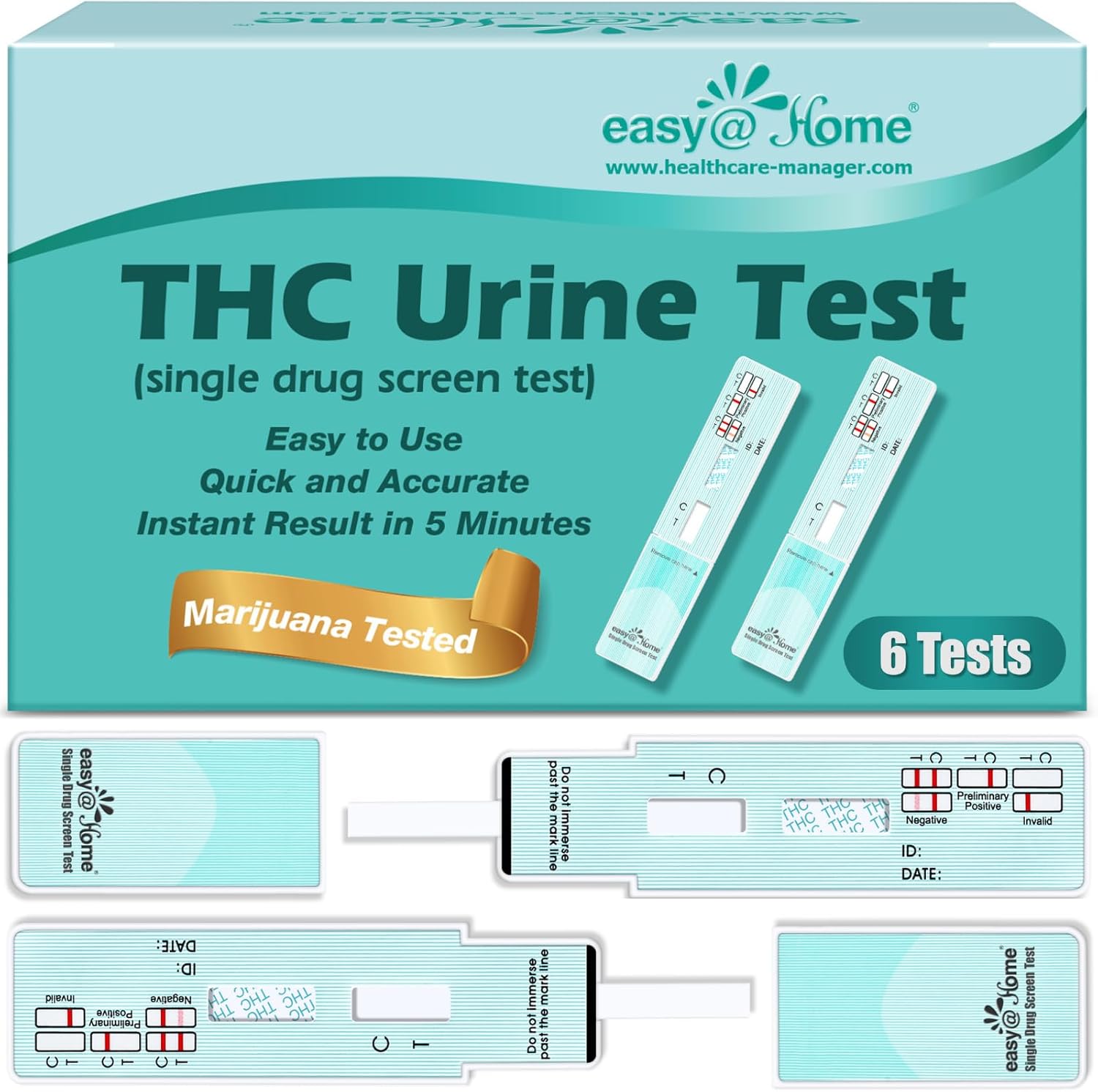 Easy@Home Single Drug Screen Test (Cannabinoids Urine Test) - THC Urine Drug Test Kit, THC Detox Testing Kits Cutoff Level 50ng/mL Individually Wrapped #EDTH-114 (200 Pack)