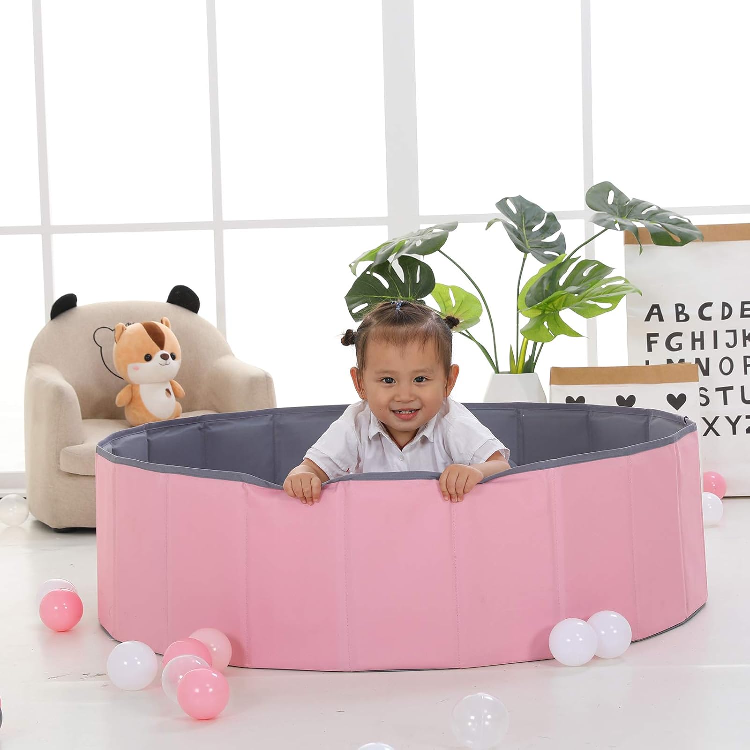 Foldable Double Layer Oxford Cloth Kids Ball Pit, Play Ball Pool with Storage Bag (Balls Not Included) Playpen for Baby Toddlers (48 Inch, Large, Pink)