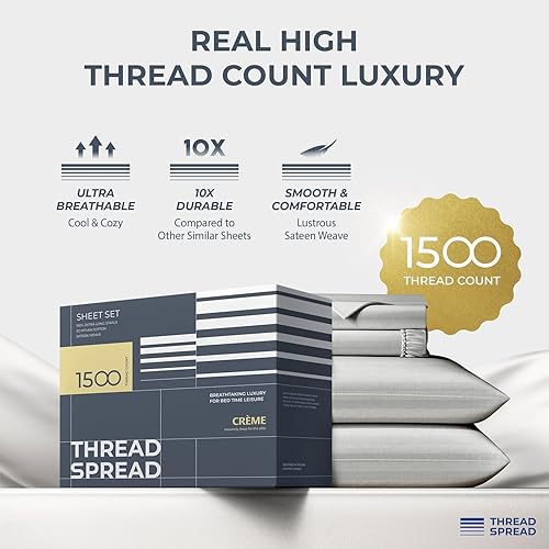 Miniatura 25 de THREAD SPREAD Sábanas 100% de algodón egipcio, tamaño Queen, 1500 hilos, 4 piezas, algodón egipcio, sábanas de lujo de tejido satinado, sábanas