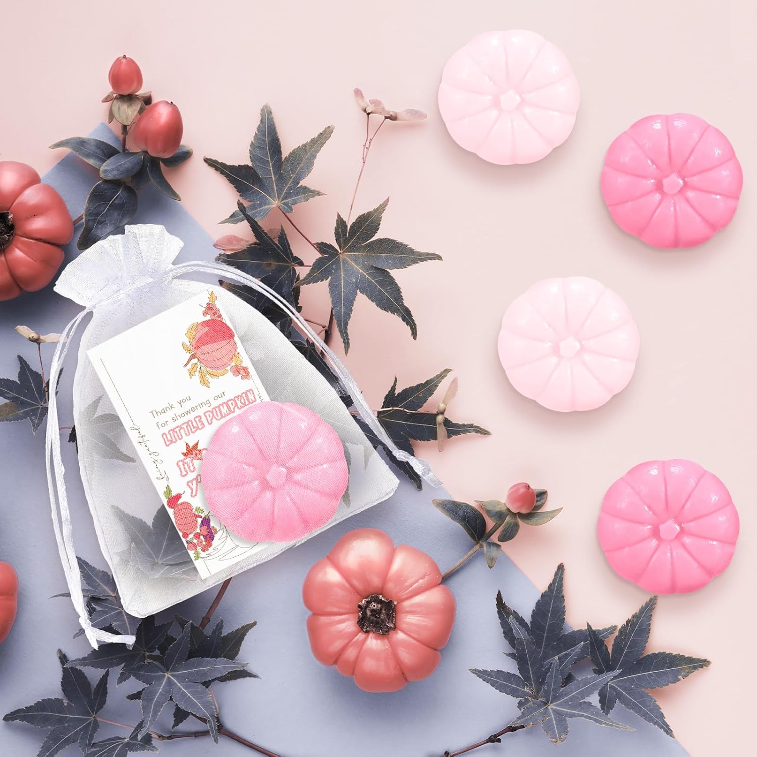 Liliful 50 Sets Pumpkin Soap Baby Shower Favors Thanksgiving Fall Favors for Bridal Shower Wedding Party Decorations 50 Little Pumpkin Soaps 50 Thanks Cards 50 Organza Bags Gender Reveal Gift(Pink)