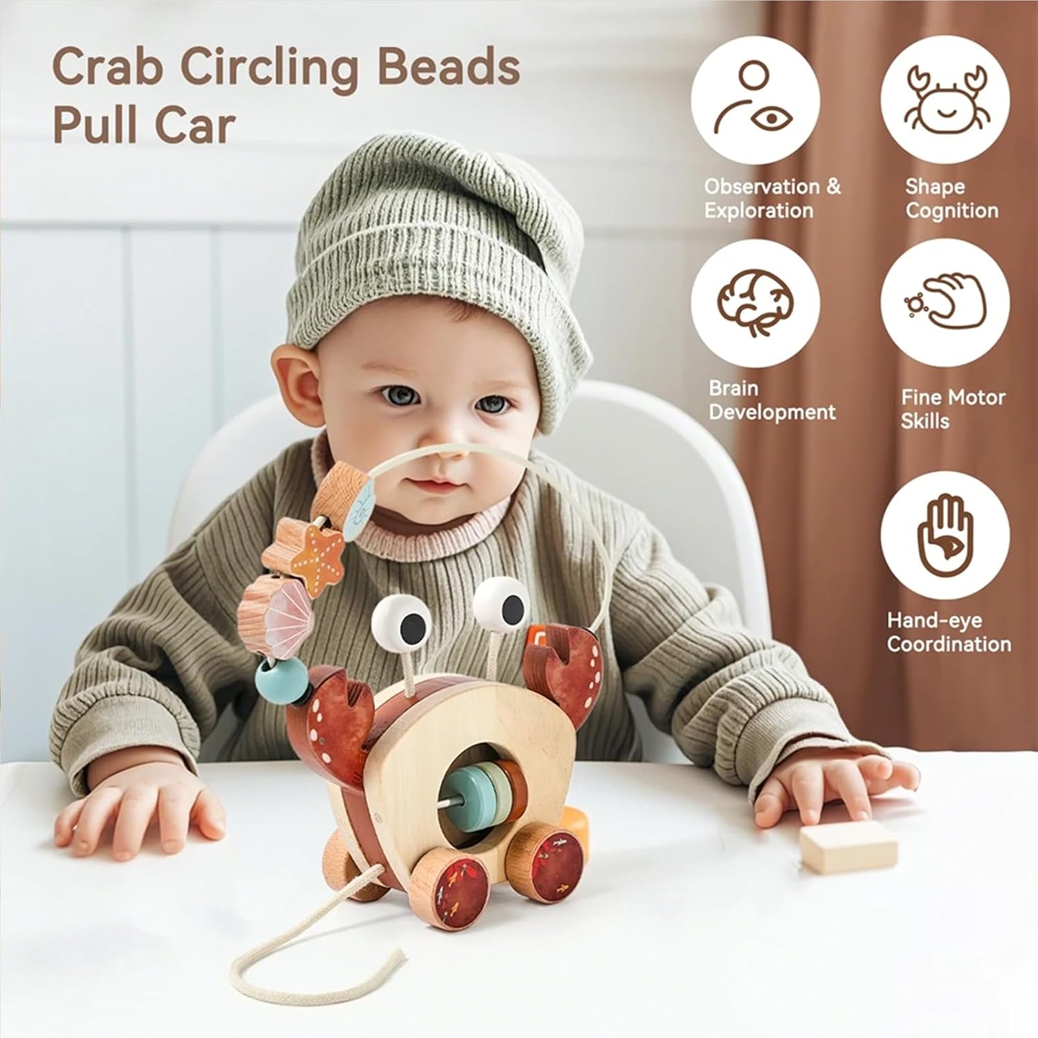 Wooden Crab Crawling Toy Montessori Sensory Walking Toy with Spinner Wheel and Bead Maze, Early Development Wooden Drag Toy