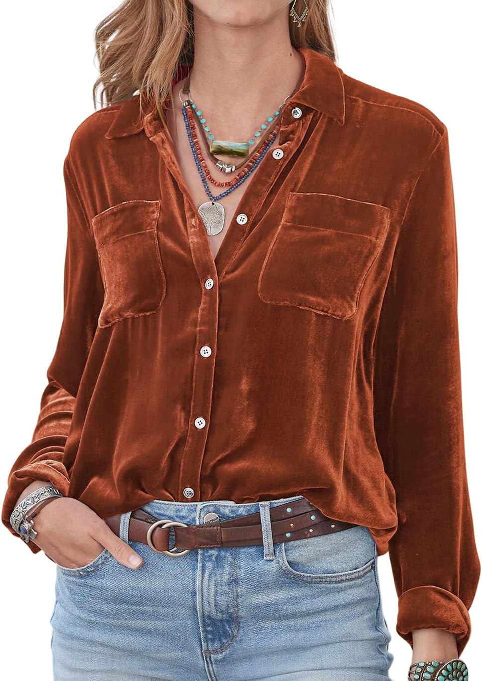 R.Vivimos Womens Winter Velvet Long Sleeve Button Down Casual Tops Shirts