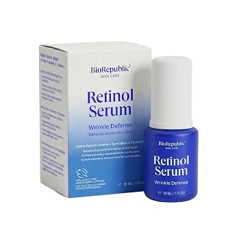 BioRepublic Retinol Serum, 2.60% Retinol Complex with SymCalmin & Pentavitin Vegan Wrinkle Defense Serum for Sensitive Skin Niacinamide, Squalane, Fragrance-Free, Leaping Bunny Certified, 30ml