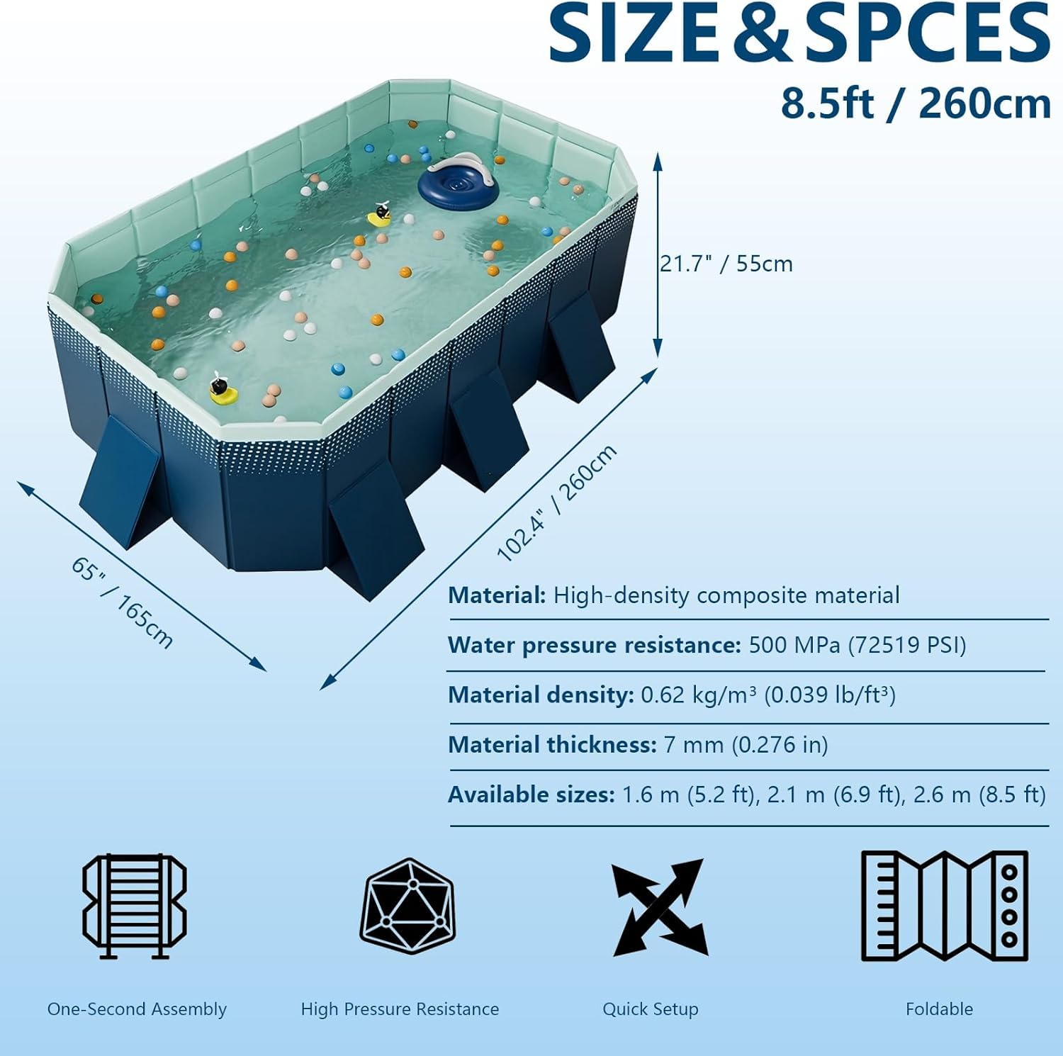 Piscina plástica Dura Plegable Grande al Aire Libre para los Adultos, Juego de Agua de Verano del Patio Trasero no Inflable de Servicio Pesado, 5.2ft