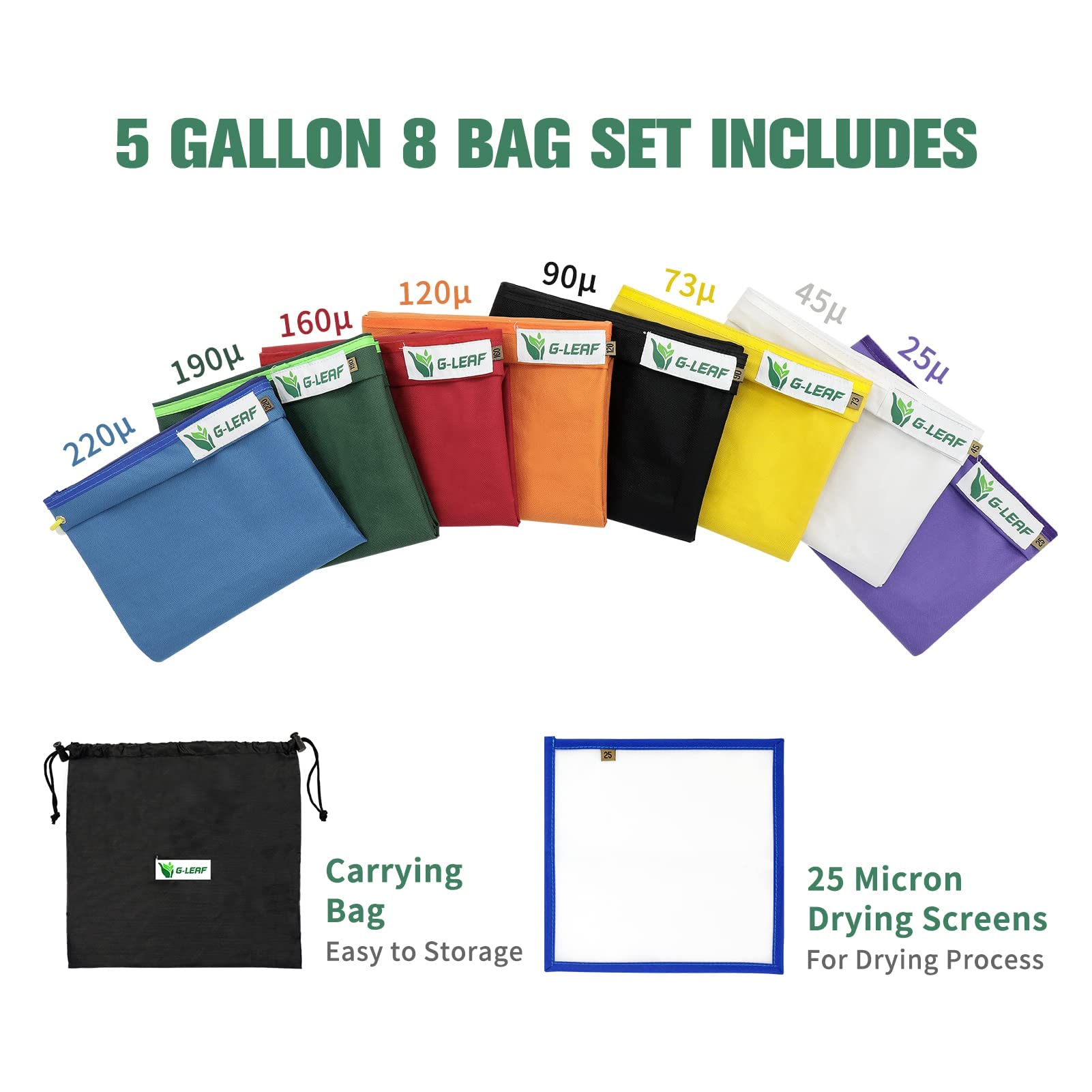 G-LEAF Bubble Bag 600D 20L 5 Gallon 8 Beutel Luftblasenbeutel Extraction Essenz Pflanzsäcke 25 Mikron Presssieb und Aufbewahrungsbeutel Kit für Kräuterextraktion und Produktion