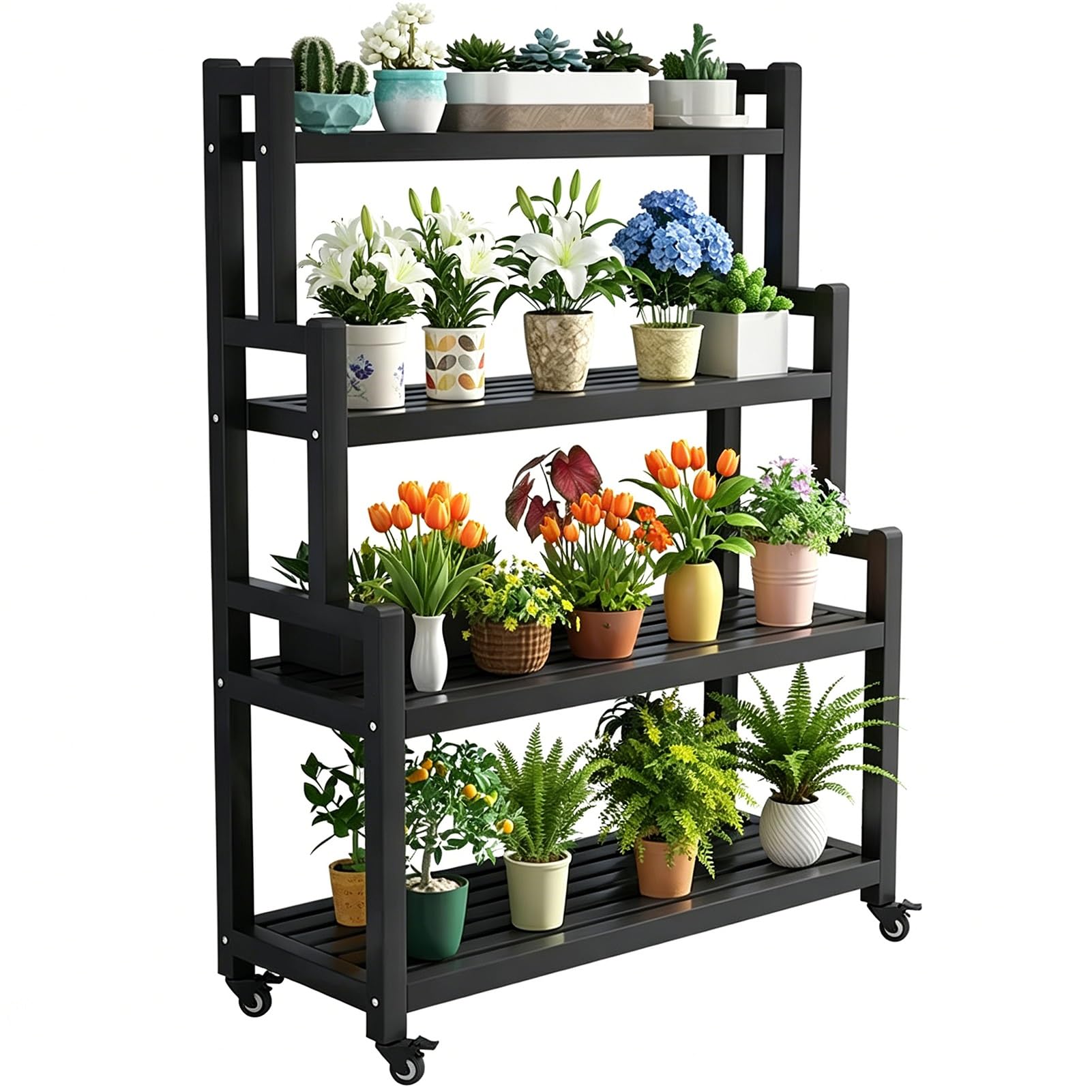 DMCHENGMA 4 Tier Flower Stand on Wheels - Black Metal Iron Rolling Plant Rack/Display Racks, Multi-Purpose Storage Shelf for Indoor(100x40x145cm)