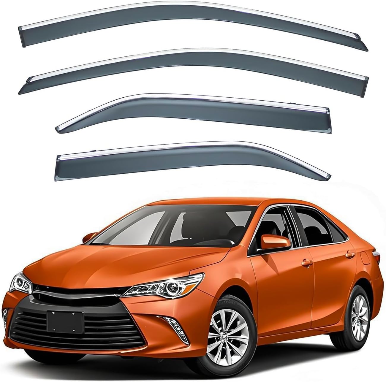 Deal 4-Piece Set Outside Mount Tape On/Clip On Type Smoke Tinted Sun/Rain Guard Vent Window Visors with Chrome Trim Compatible with 2012-2014 Camry All Models