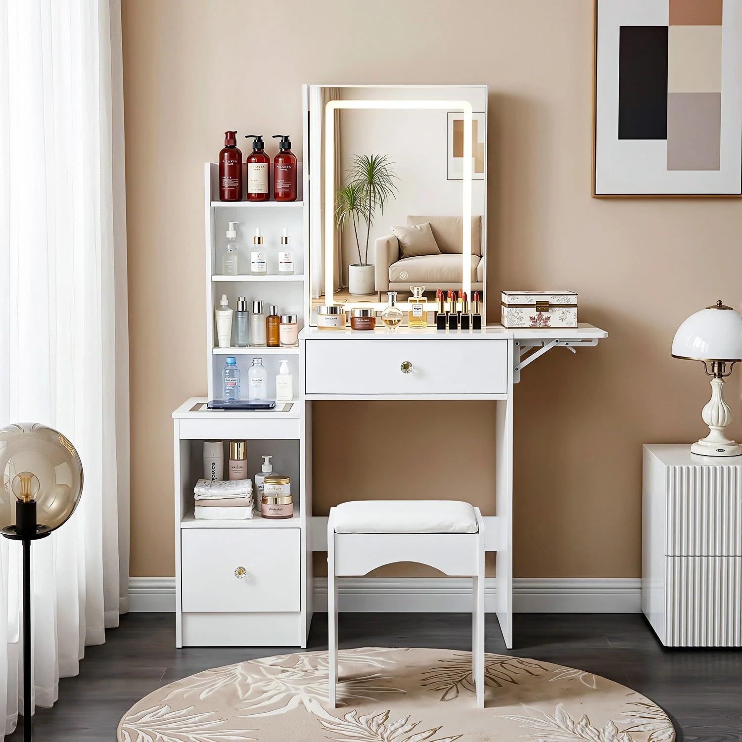 Dressing Table with Mirror and Stool, Makeup Vanity with Wireless Charging