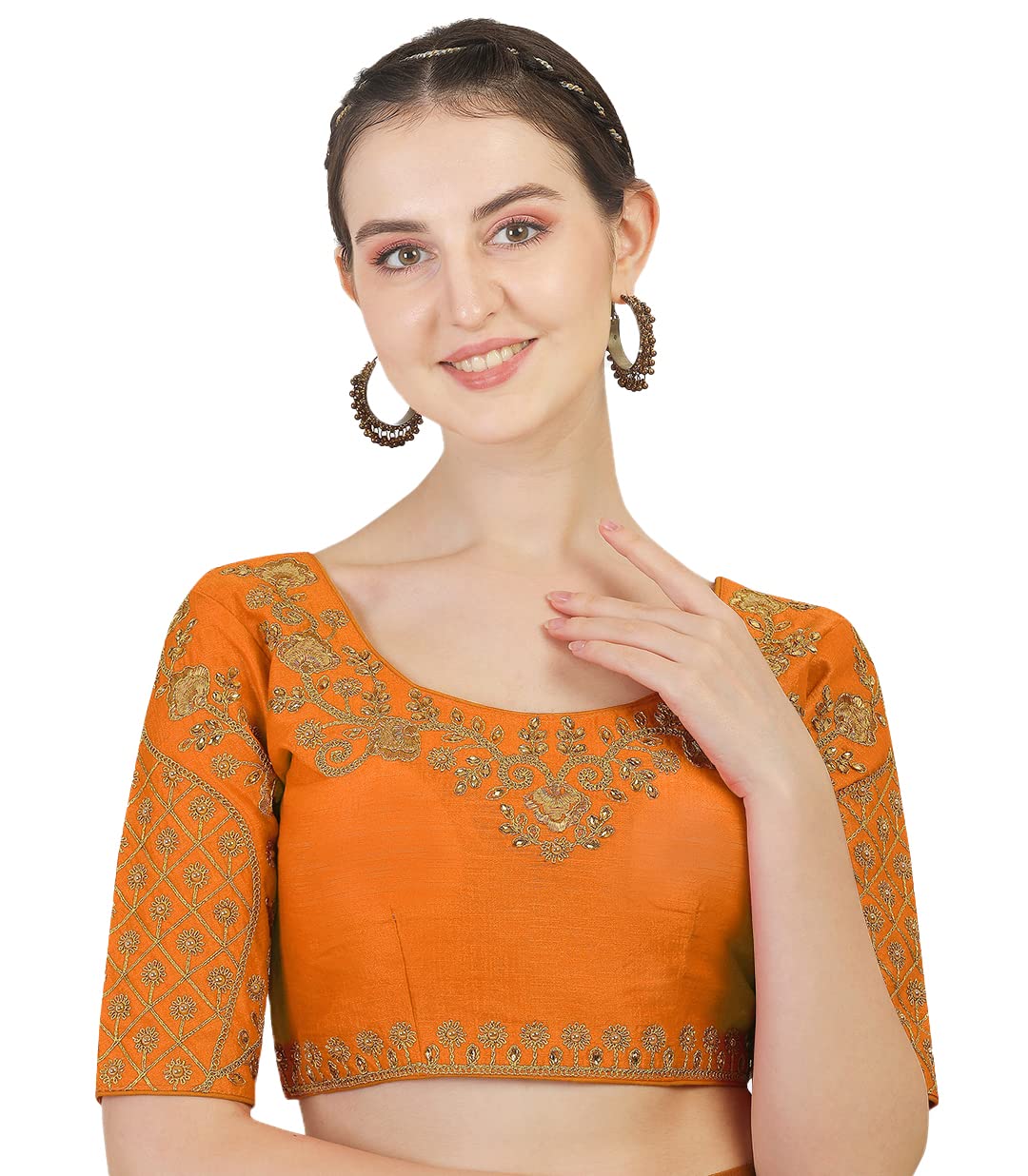Vihu Fashion Women's Silk Floral Half Sleeve Blouse (Florall Orange 38_Orange_38)