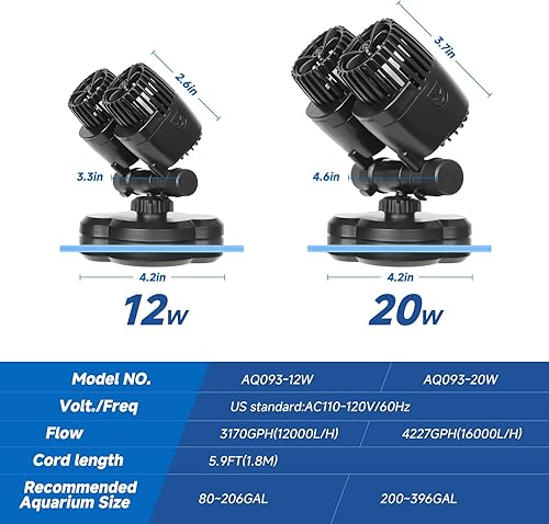 Miniatura 7 de AQQA Aquarium Wave Maker - Bomba de onda sumergible de montaje magnético de 3170 GPH, bomba de circulación ultrasilenciosa de 12 W para tanques de