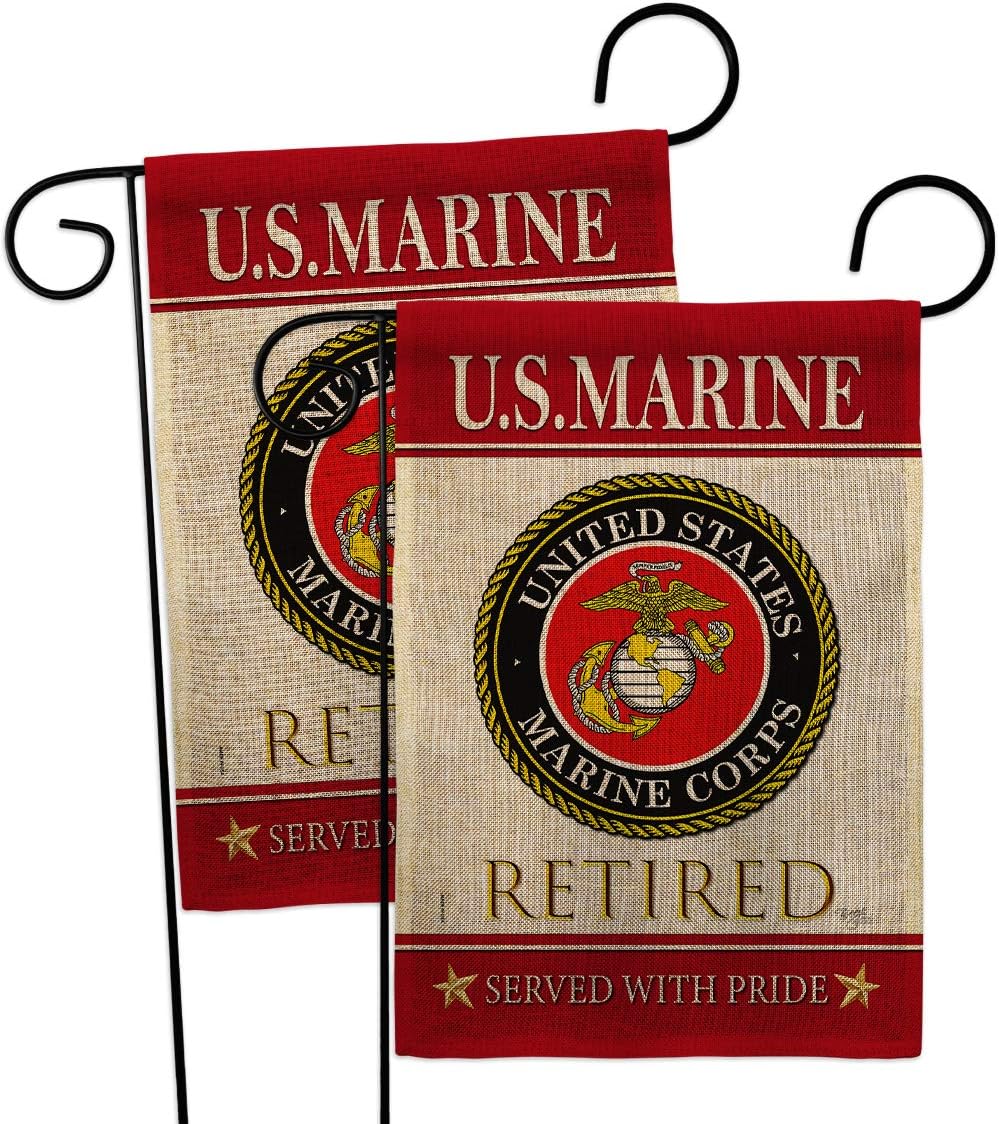 US Marine Retired Burlap Garden Flags 2pcs Pack Armed Forces Corps USMC Semper Fi United State American Military Veteran Retire Official Small Gift Yard House Banner Double-Sided 13 X 18.5