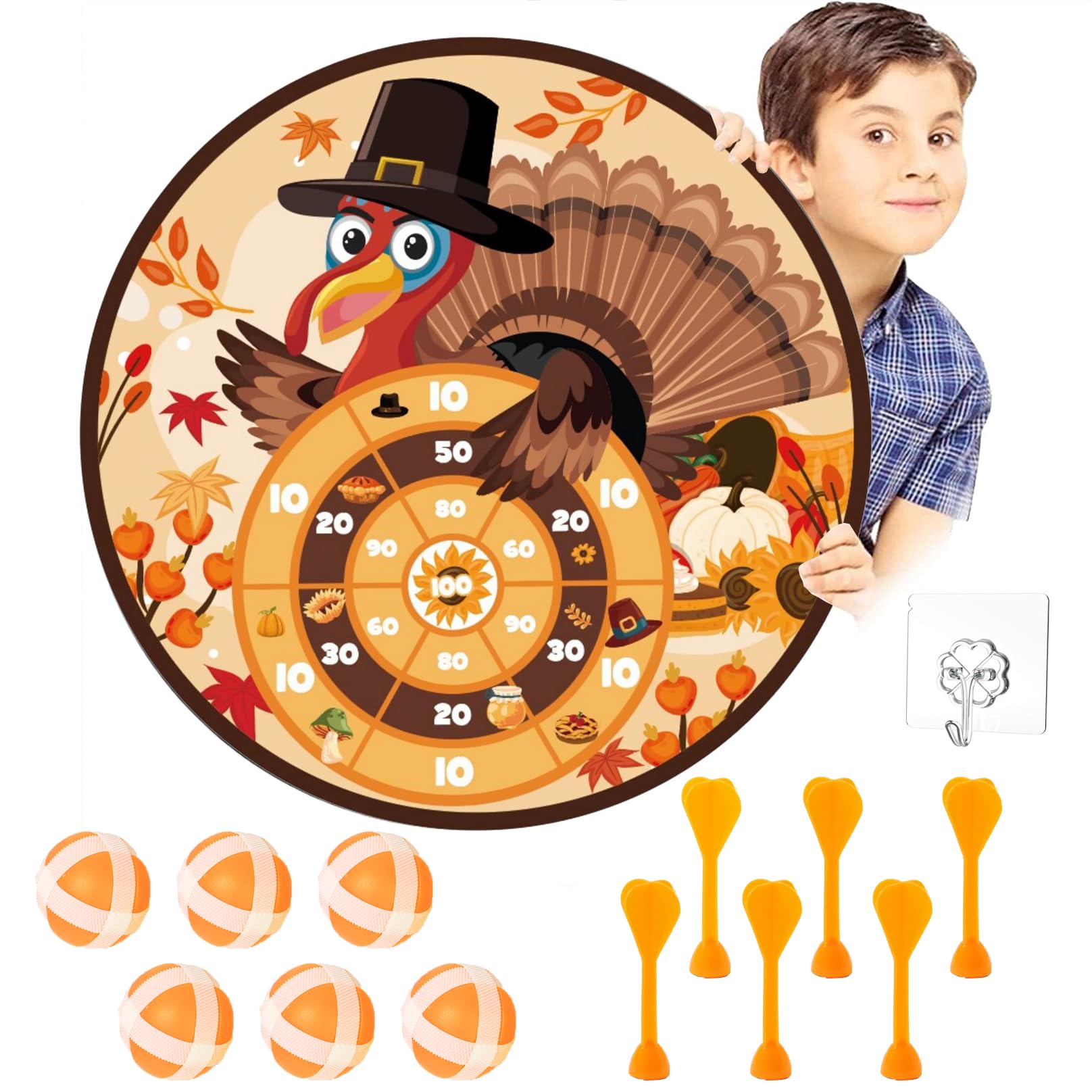 Thanksgiving Party Supplies, 26in Turkey Throwing Game with Sticky Balls and Darts Toy Hooks for Kids Thanksgiving Party Indoor and Outdoor Sports Puzzle Game