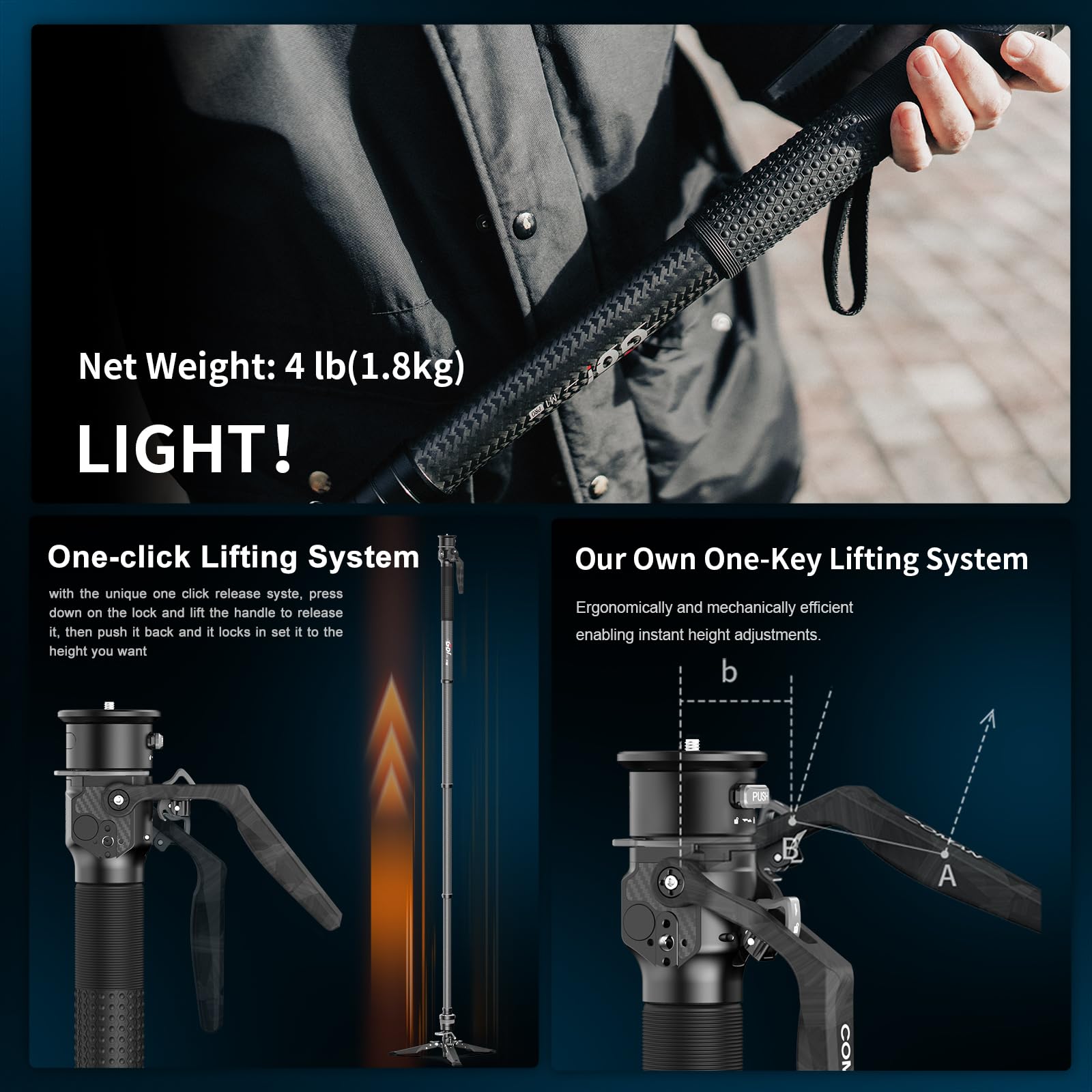 COMAN Monopod de fibra de carbono de elevación con un solo clic, monopié de cámara M1 Pro con pies, trípode de viaje ligero de 65 pulgadas con bloqueo de pie de liberación rápida para cámara, DSLR