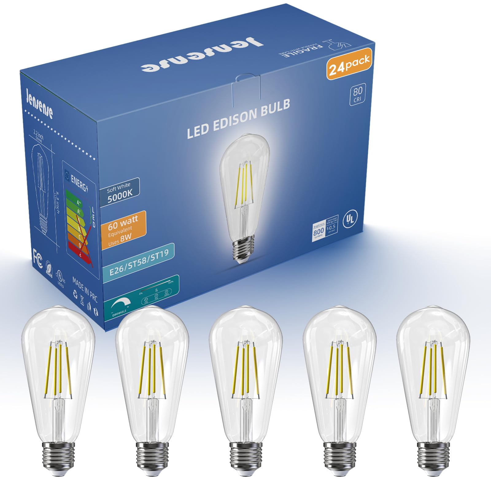 Jensense Edison Bulbs E26 LED Bulb 60 Watt Equivalent, Vintage LED Light Bulbs CRI90+ ST19, Dimmable Clear Light Bulbs (5000K Daylight, 7watt-24 Pack)