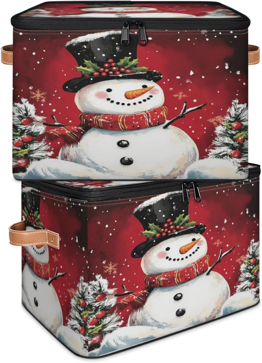 Storage Bin Set of 2 Holiday Snowman Storage Basket with Zipper Lid & Handle Foldable Closet Shelf 2 Pack Cloth Organizer Basket Cube Bins for Bedroom, Nursery