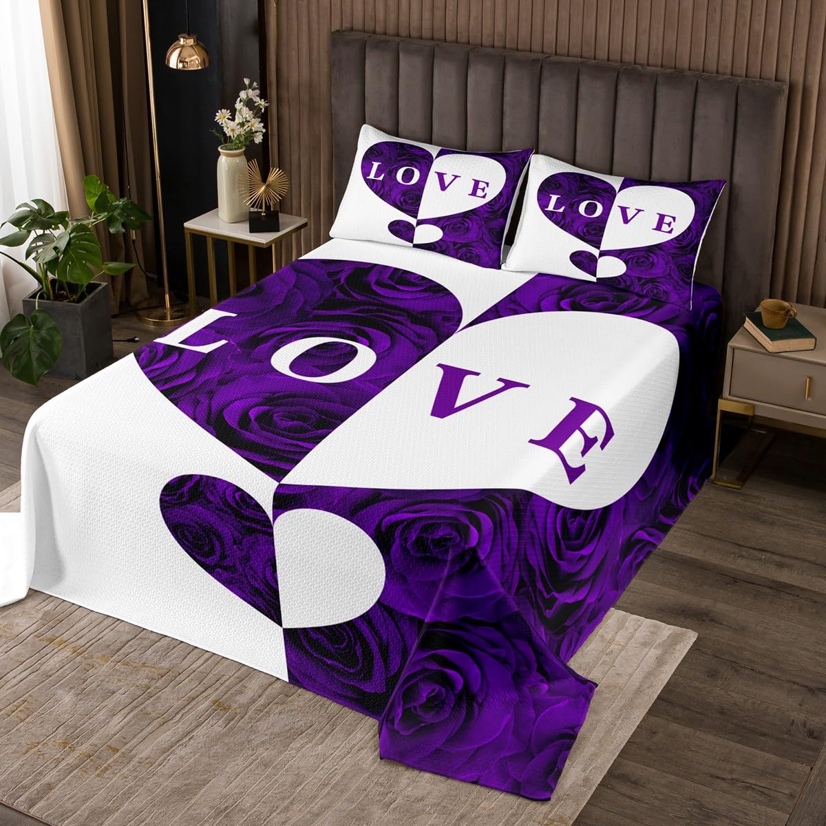 Love Couple Bedspread King Size,Love Patchwork Pattern Comforter Set Valentine's Day Theme Bedding Sets 3Pcs for Girls Woman Teens Room Decor,Romantic Rose Purple Quilt Coverlet,2 Pillowcases