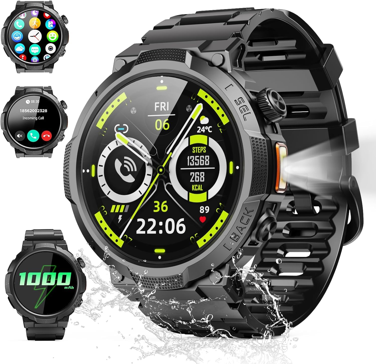 Smartwatch Herren Damen, 1.53" HD 1000mAh Militär Smart Watch mit Telefonfunktion, 100+Sportmodi Fitnessuhr Tracker, IP68 Wasserdicht Sportuhr, Herzfrequenz Schlafmonitor Schrittzähler Android iOS