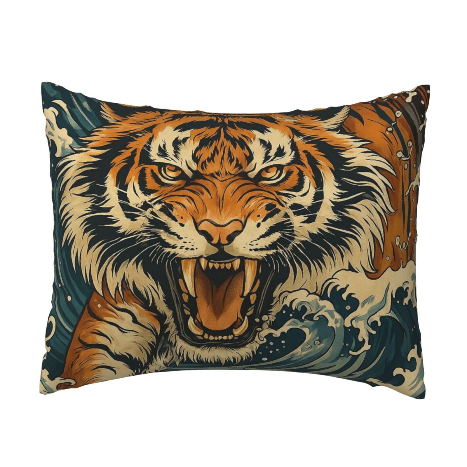 Fierce Tiger and Waves Pillowcase Soft Plush with Zipper Decorative Pillowcovers 16x20 in