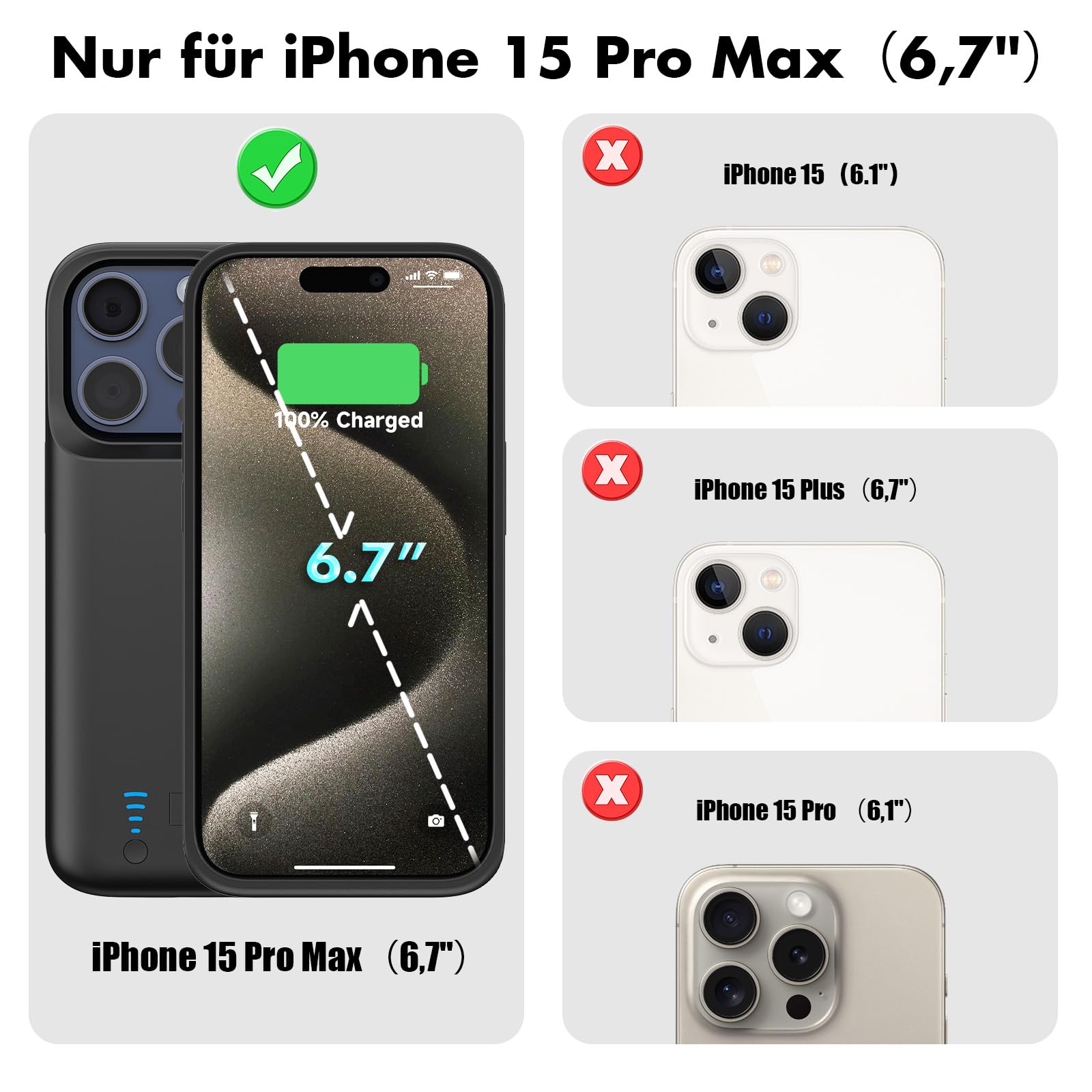 Akkuhülle für iPhone 15 Pro Max, Echte 8500 mAh Powerbank mit Standfuß, Schlanke Wiederaufladbare Erweiterte Ladehülle, Tragbare Schutzhülle mit Akku für iPhone 15 Pro Max (6,7 Zoll)– Schwarz
