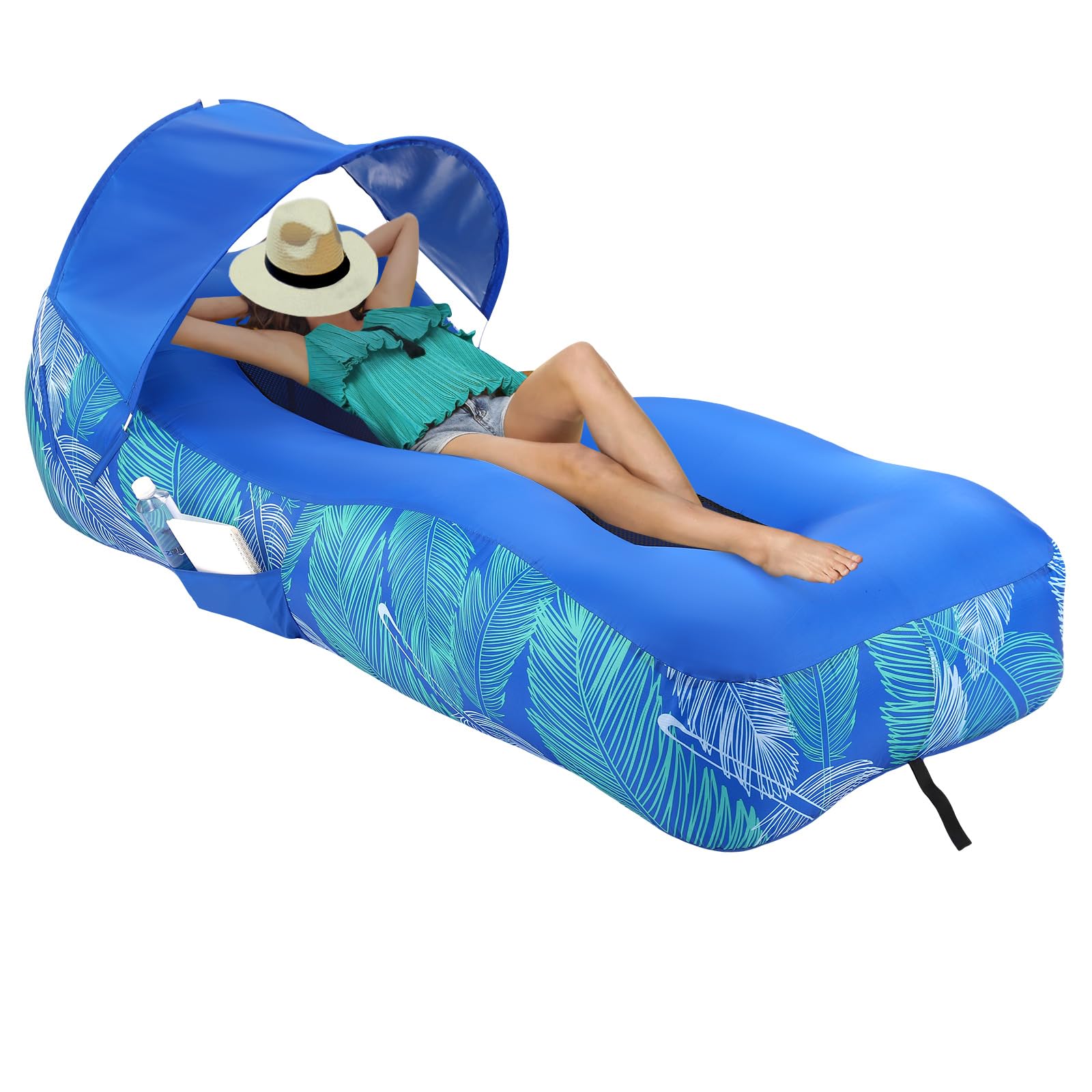 glowsky Inflatable Lounger Beach Chair with Sun-Shade Design, Waterproof Inflatable Couch Blow Up Beach Lounger, Portable Lounger Air Sofa for