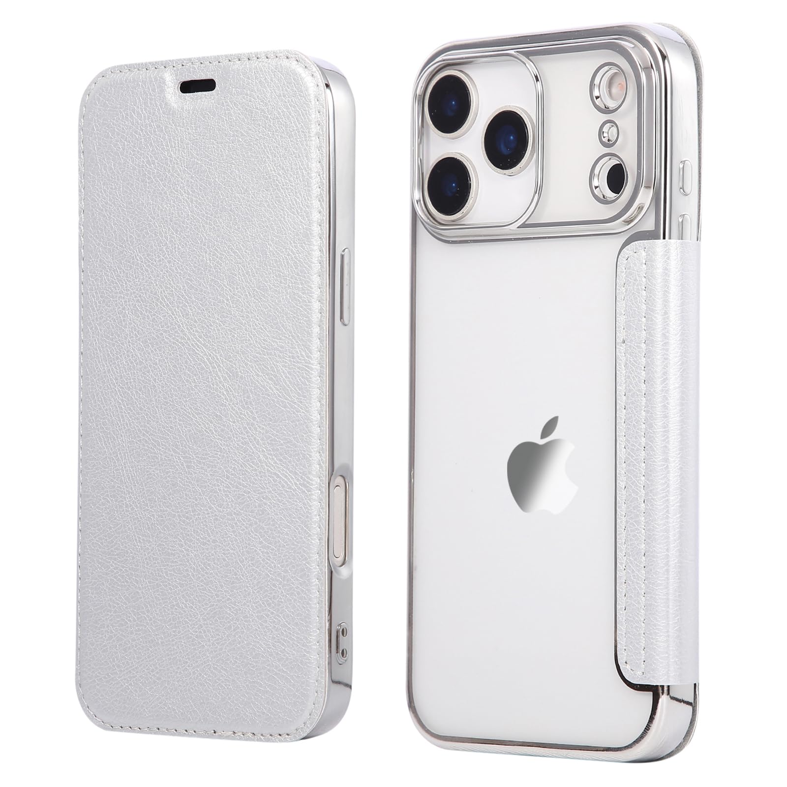 YUYIB スマホケース 対応 iPhone 17 pro ケース 手帳型 背面 クリア 透明 メッキ加工 高級なPUレザー+TPU 衝撃吸収 軽量薄型 ブランド アイフォン17 プロ 携帯電話カバー (シルバー, iPhone17 Pro)