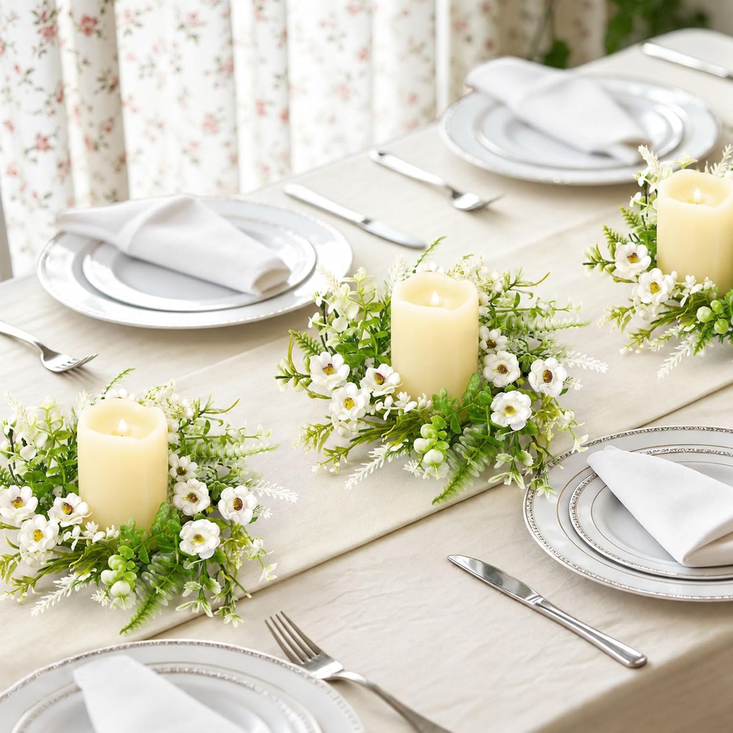 Weldomcor Floral Candle Rings Wreath 4PCS Mini Spring Summer White Artificial Flowers Greenery Wreaths for Candle Holder Kitchen Cabinets Table Centerpieces Wedding Party Farmhouse Decor
