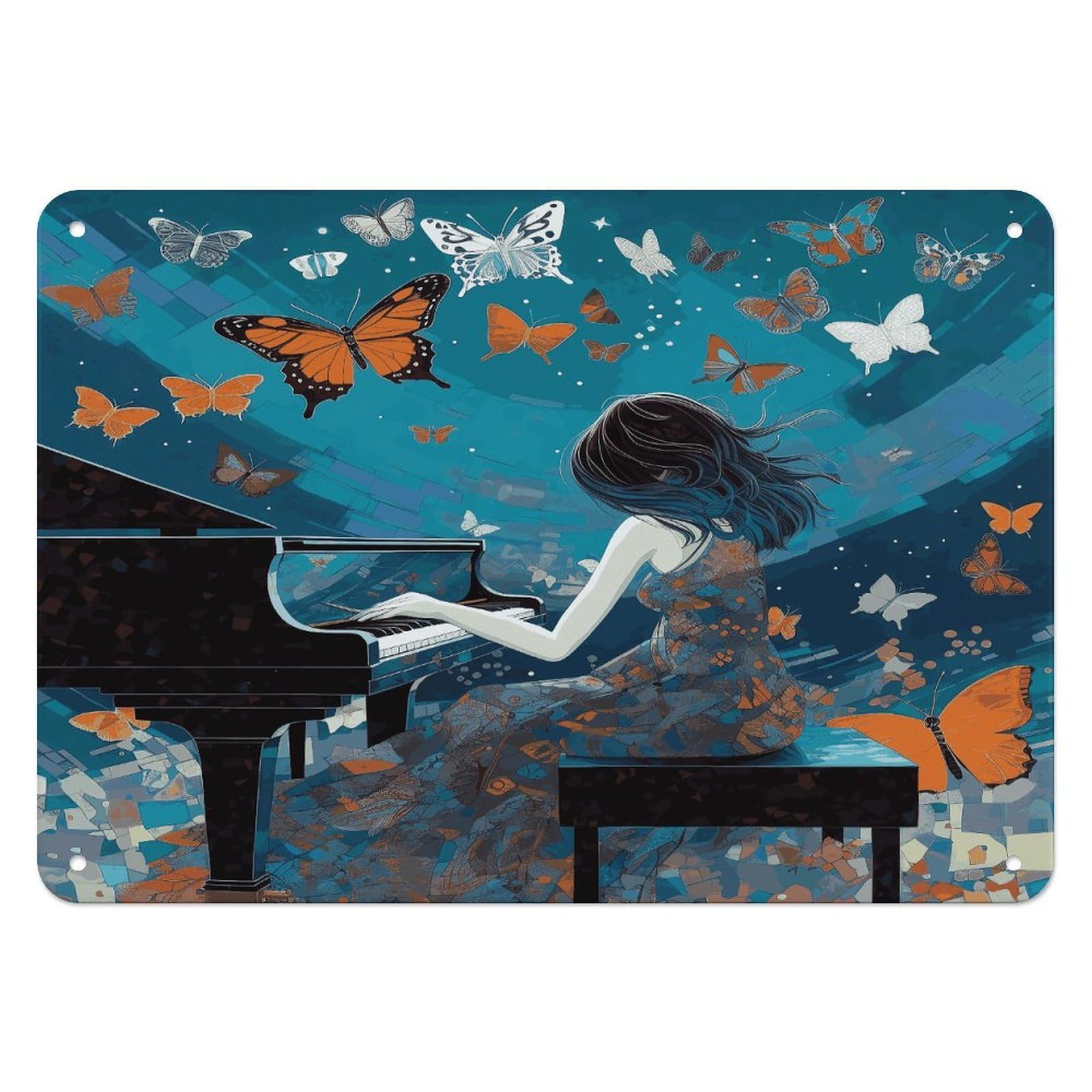 Fekiloot Girls Style Playing Piano Wall Decor Iron Painting Metal Sign