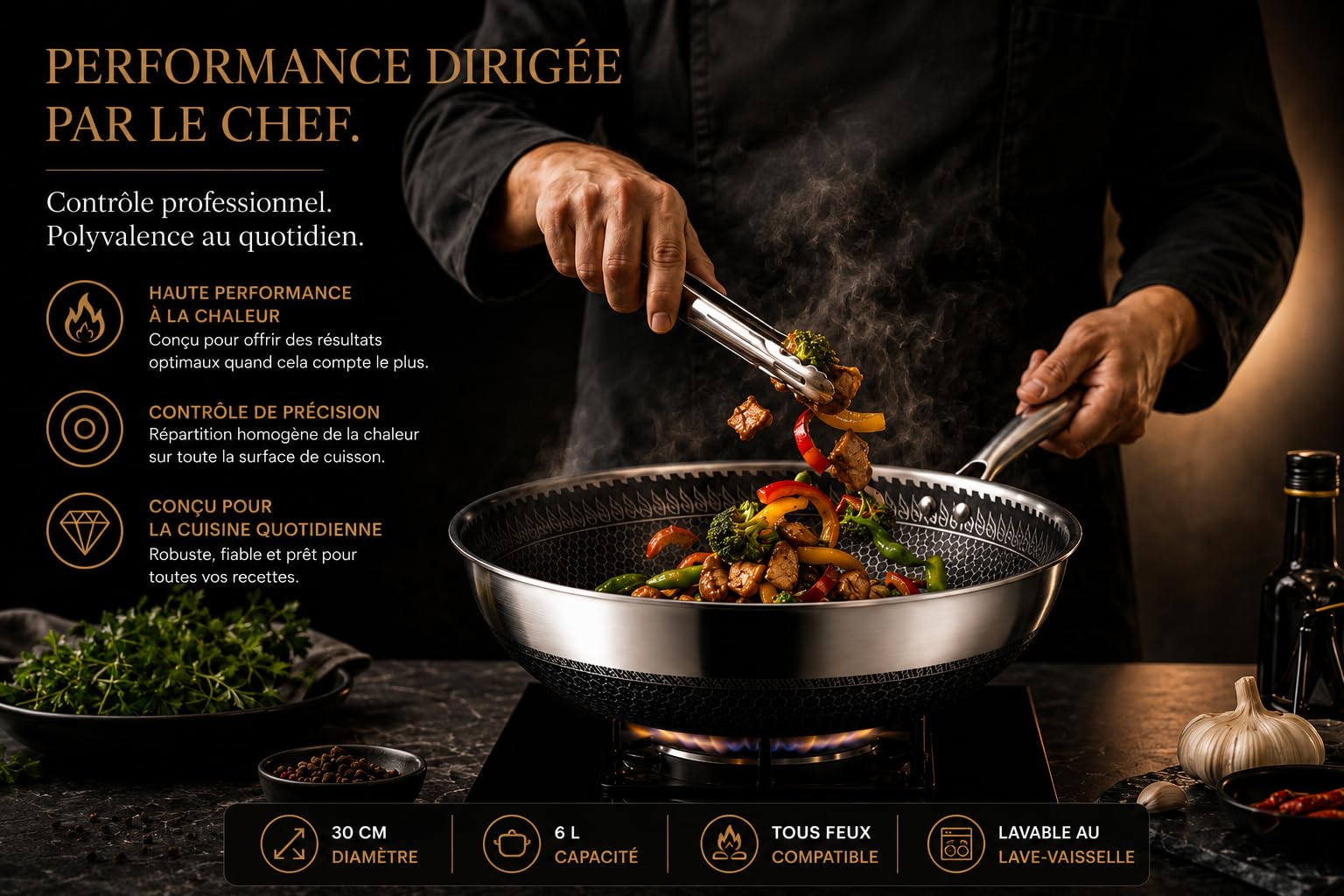 INTIGNIS Wok Hybride Premium 30 cm avec Couvercle en Verre – Acier Inoxydable, Anti-adhésif Sans PFOA, Compatible Induction, Passe au Four & Lave-Vaisselle, Poignée Stay-Cool