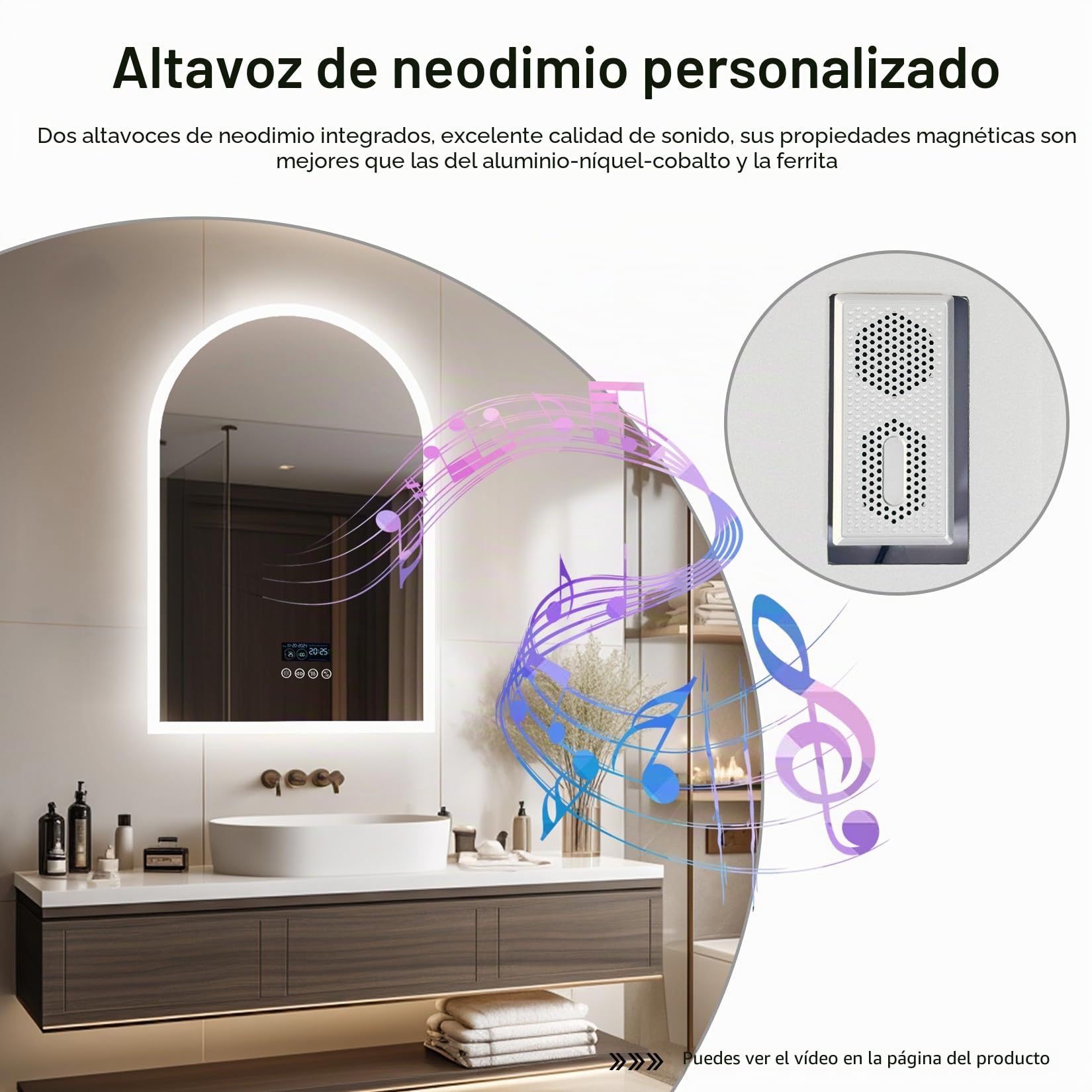 LUVODI Espejo Baño con Luz Led Arco 60x90cm Bluetooth Espejos de Baño Pared Antivaho con Hora Tiempo Digital y Luz Retroiluminado Regulable Espejo Moderno Inteligente con Interruptor Táctil y Enchufe
