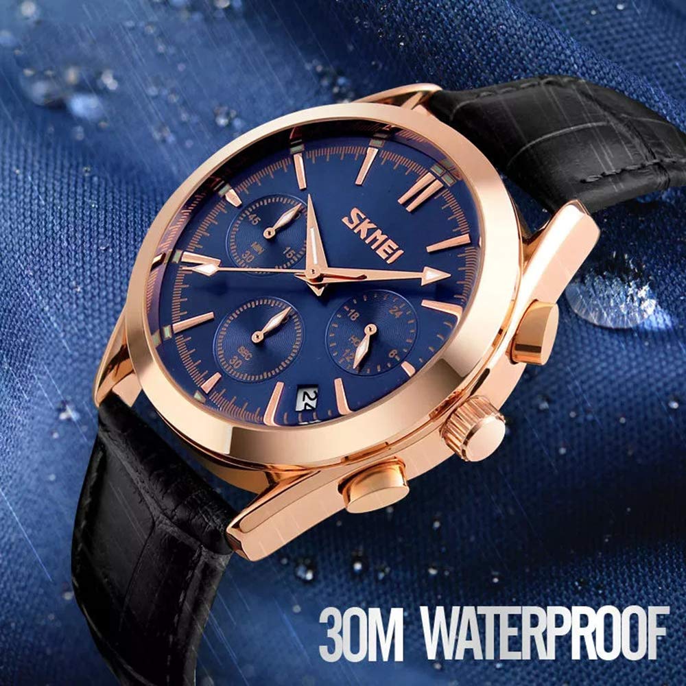 MASTOP Orologio da polso da uomo, analogico, in pelle, cassa in oro rosa, orologio al quarzo, impermeabile, con data, classico, da lavoro