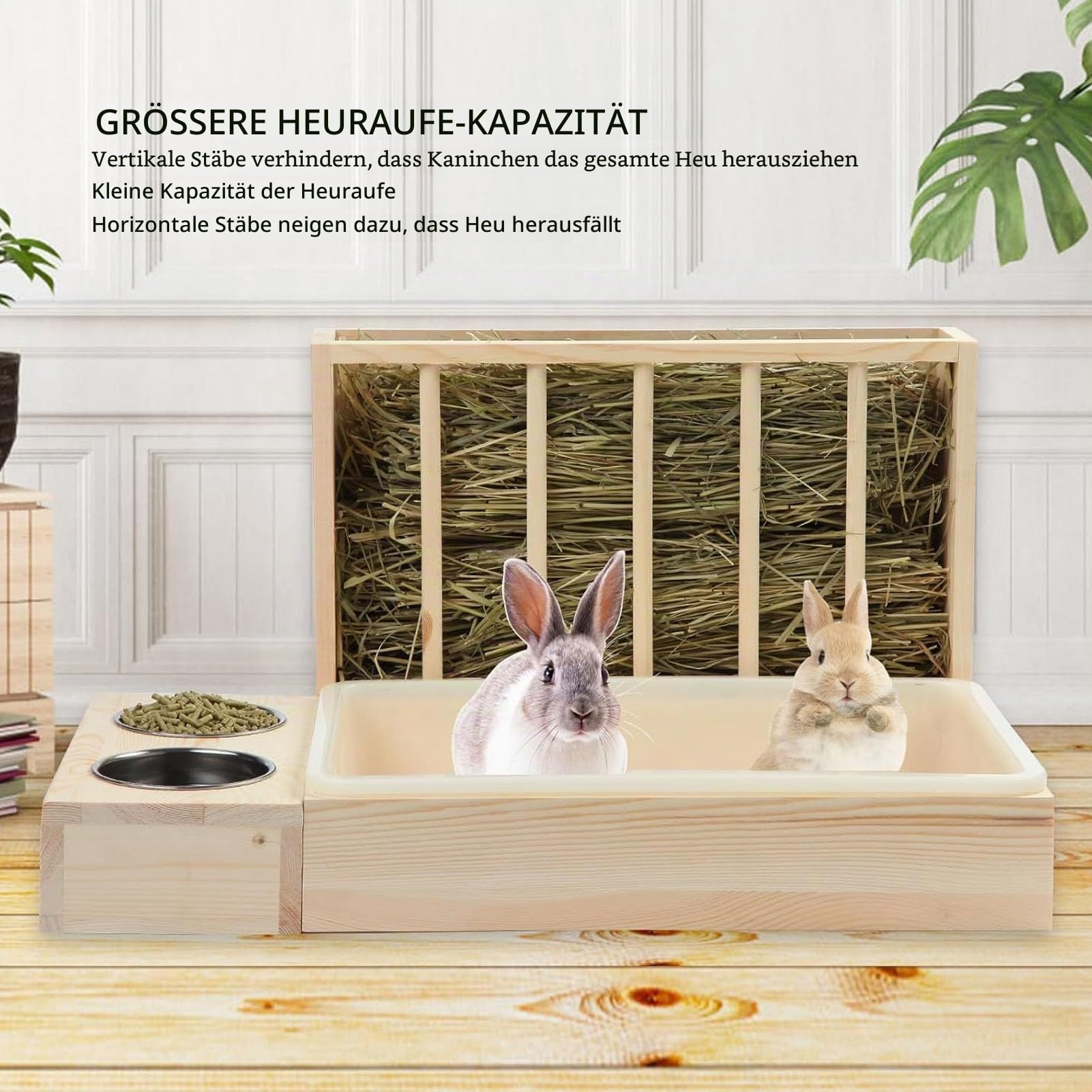 Kaninchen-Heu-Futterstation mit Katzentoilette und 2 Edelstahlschüsseln, Holz-Heuraufe für Chinchillas, Hamster, Kleintiere, schmutzabweisend