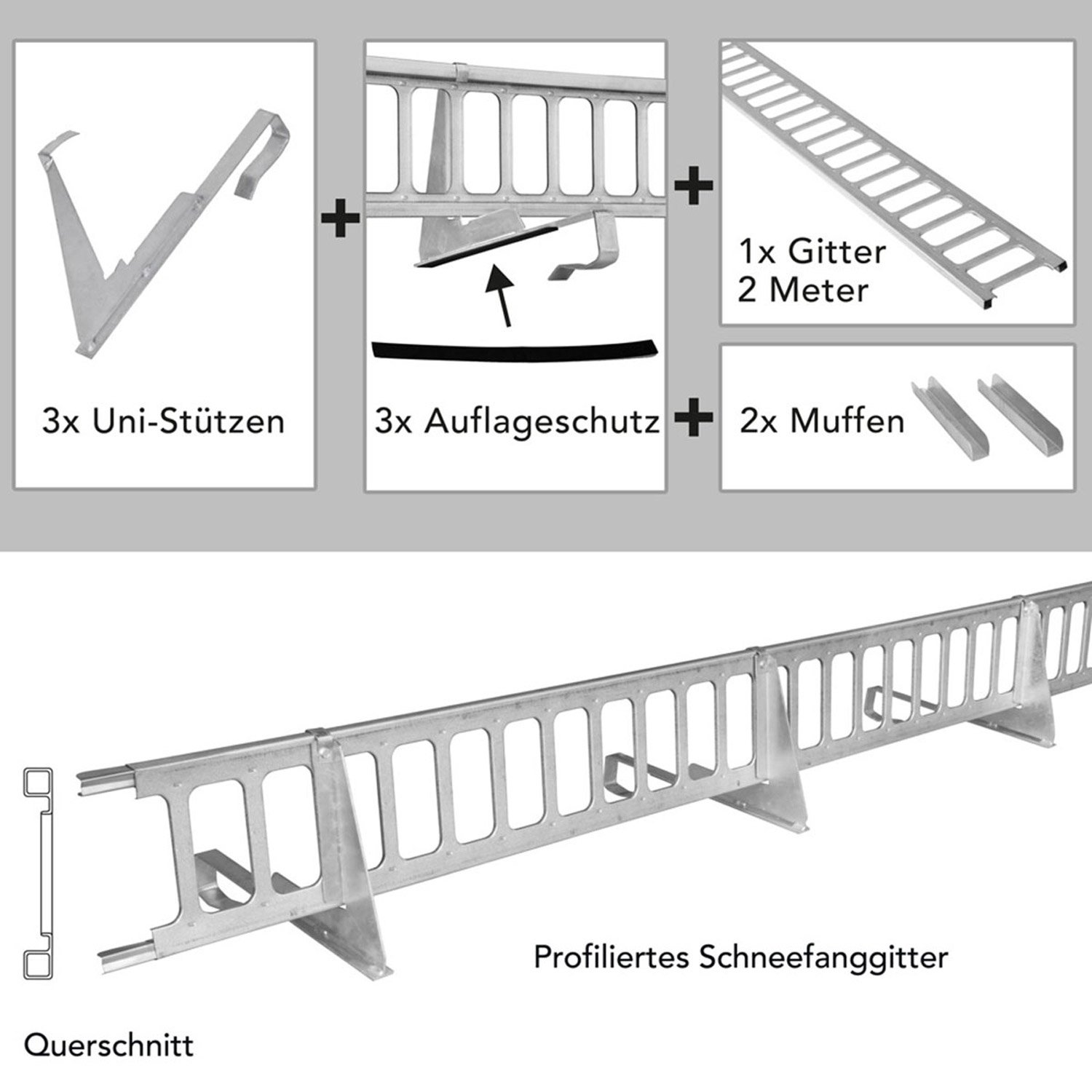 Schneefanggitter ohne Farbe 2,0 m, 9-teiliges Set inkl. Auflageschutz, Made in Germany, 263 kg pro Meter stark, universales Schneefangsystem, blitzschnell montiert