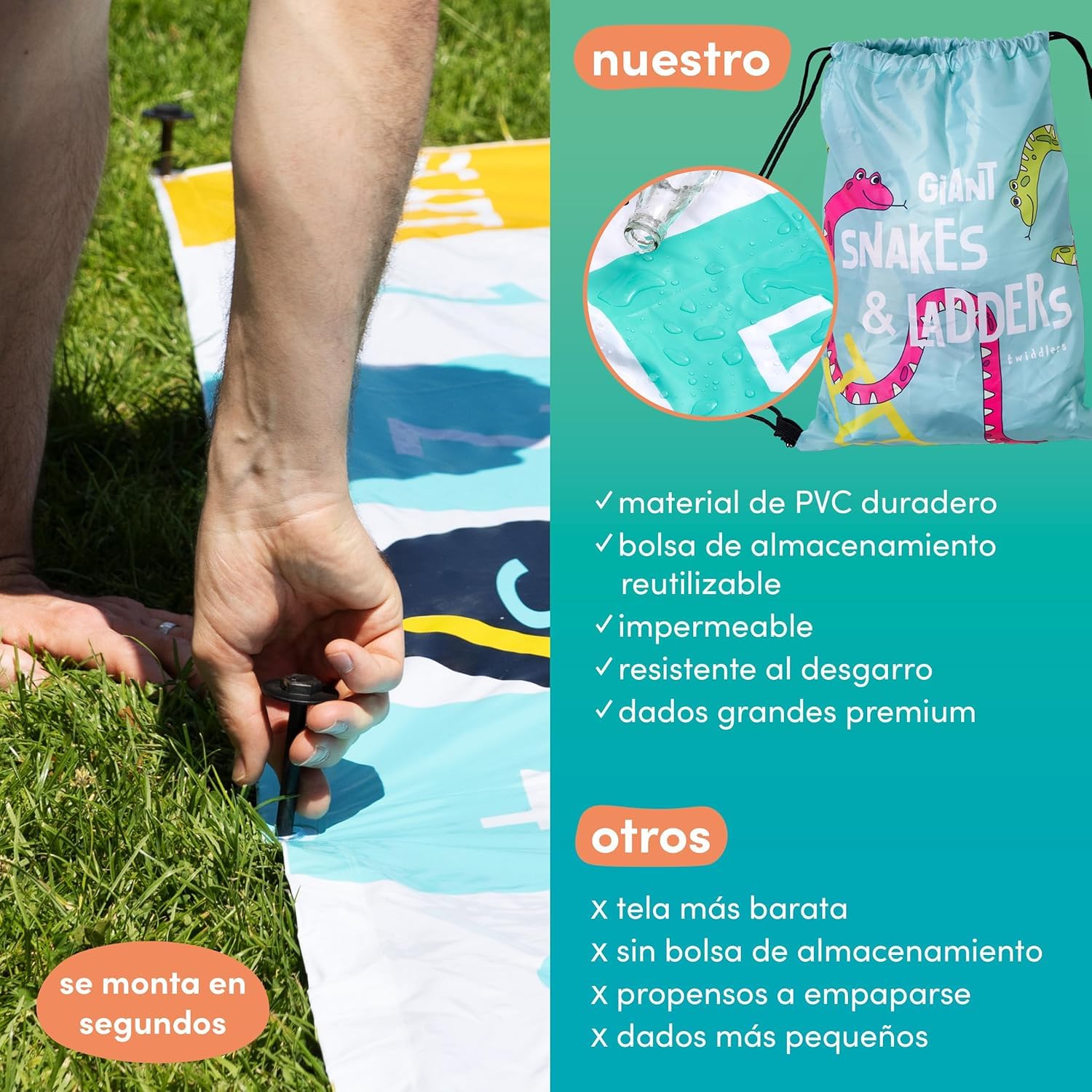 THE TWIDDLERS XXL Juego de Serpientes y Escaleras Gigante (3x3m) - Tapete de Jardín Impermeable con Dado Inflable y Bolsa para Niños y Adultos - Juegos de Exterior para Fiestas y Familia
