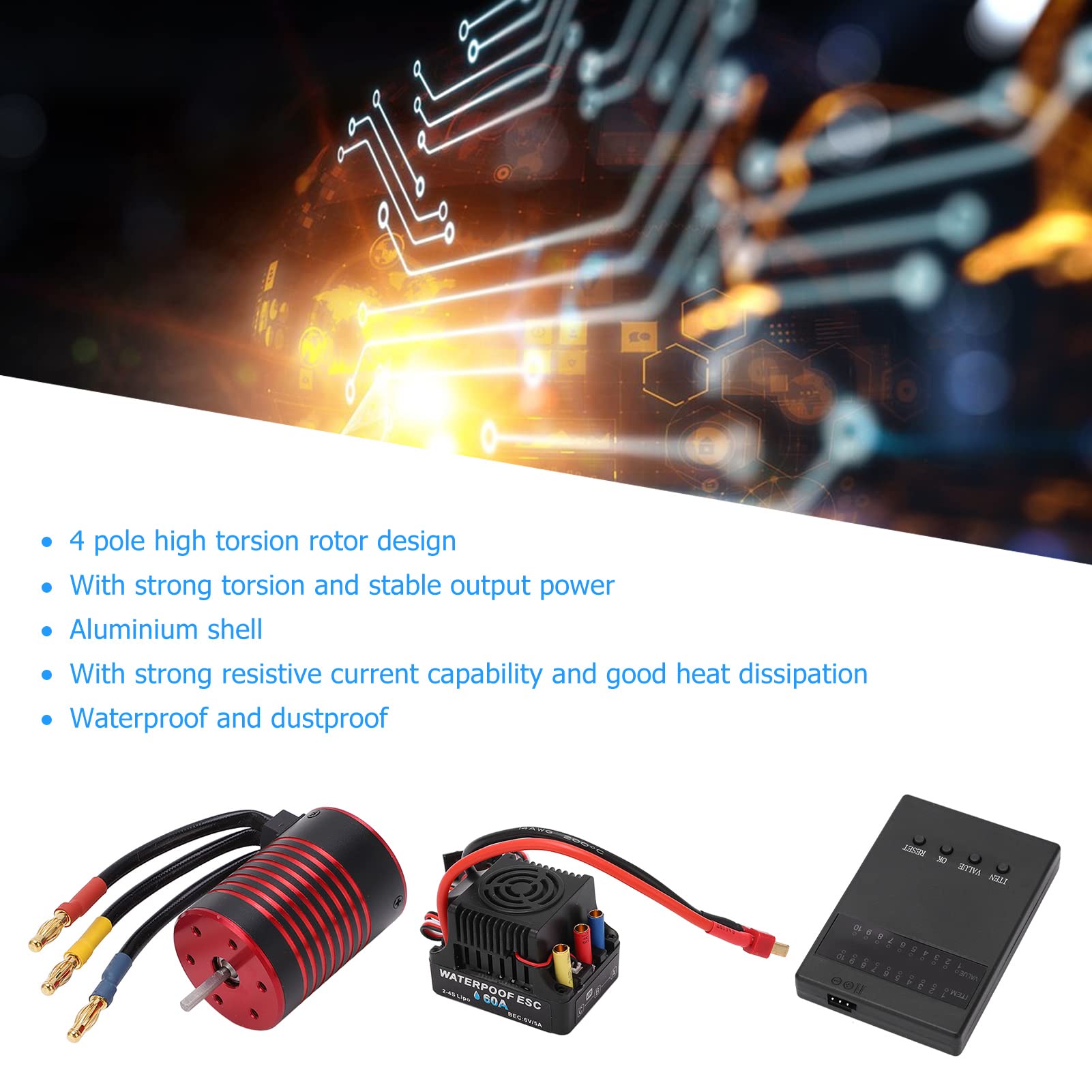 bezszczotkowy zestaw ESC, bezszczotkowy wodoodporny silnik 3650 60A ESC, karta programowania do samochodu RC 1/10 (3100kV)