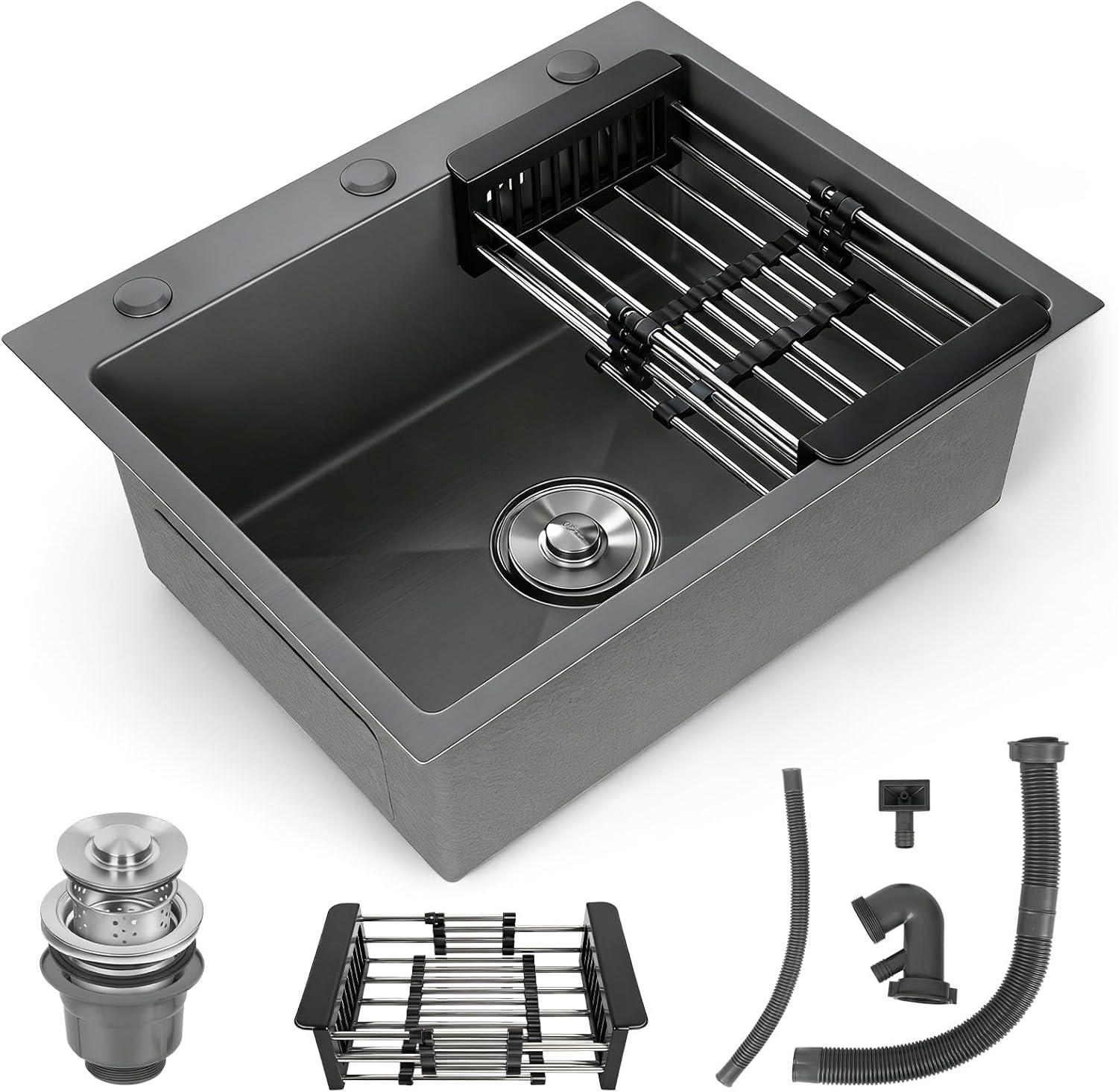 Black Kitchen Sink, Stainless Steel Single Bowl Sink, Drop In/Topmount Workstation Sink with Retractable Drain Basket, for Bar, Kitchen, Balcony, RV (21.6 * 17.7in)