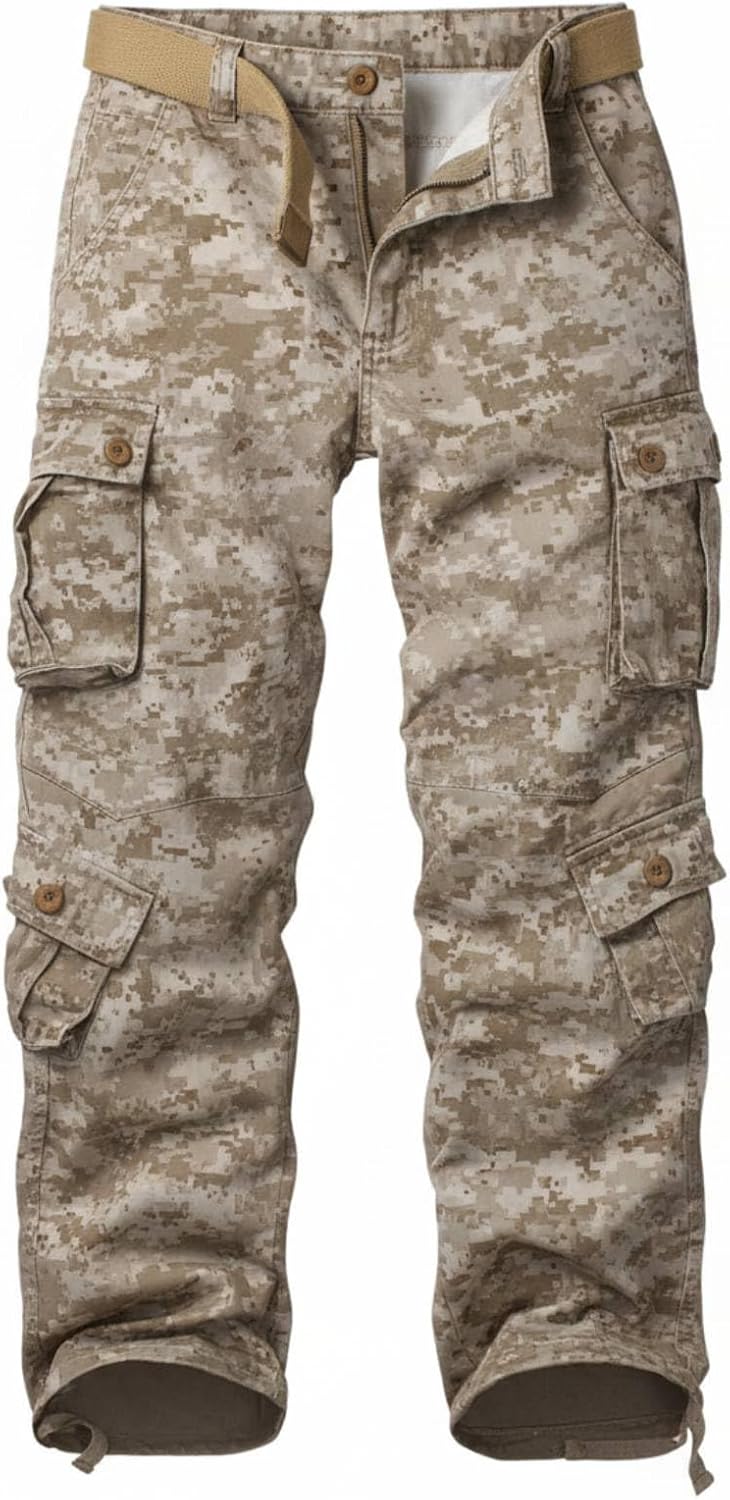 Cargo Pants for Men Casual Outdoor Relaxed Fit Camo Work Pants with 8 Pockets No Belt