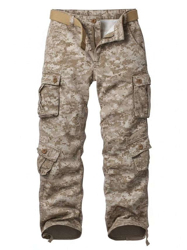 Cargo Pants for Men Casual Outdoor Relaxed Fit Camo Work Pants with 8 Pockets No Belt