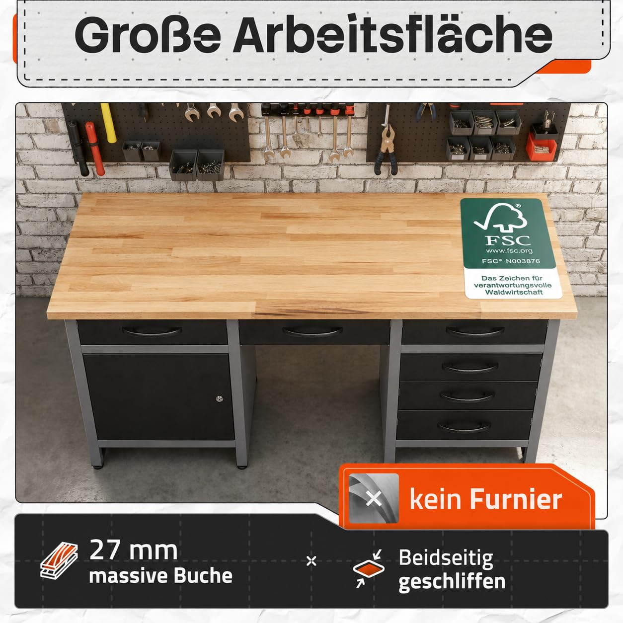 Ondis24 Werkbank 160 cm breit mit 6 kugelgelagerten Schubladen und Sitzplatzöffnung in der Mitte, Staufach mit großer abschließbarer Tür, Werktisch Montagewerkbank Werkstatttisch