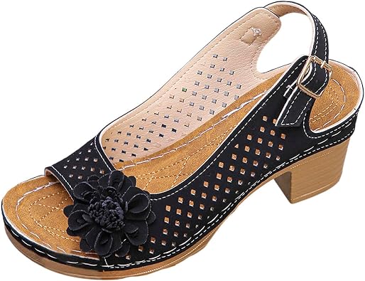 Ladies Orthopedic Sandals Slides Non Slip Beach Sandals Trendy Elegant Flowers Decor Hollow Out Low Heel Sandal with Adjustable Buckle Straps