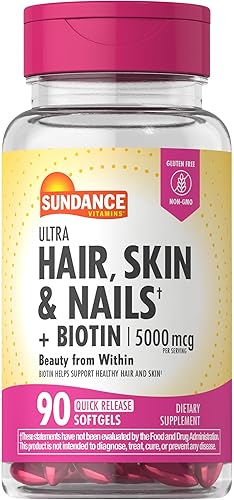 Sundance Complejo para cabello, piel y uñas  90 cápsulas blandas  con biotina 5000 mcg  Suplemento sin OMG y sin gluten