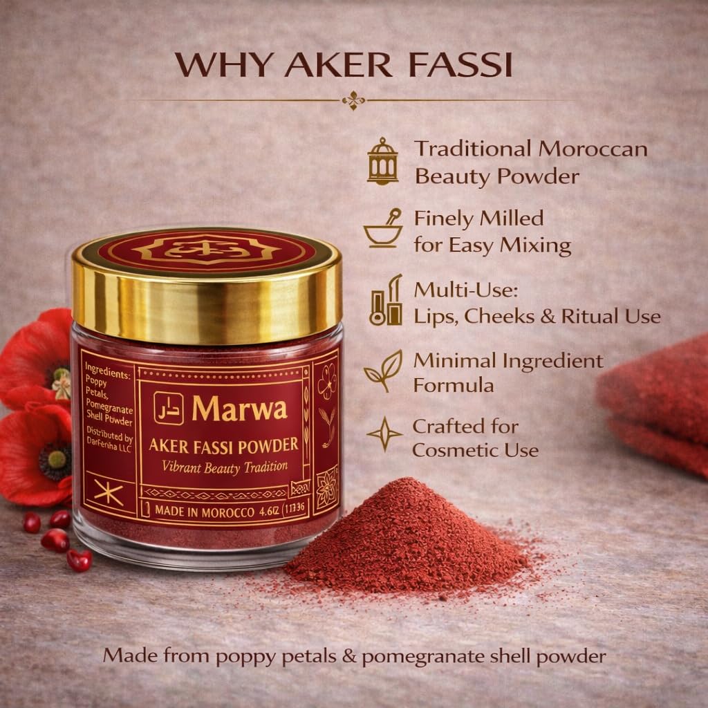 Pure Moroccan Aker Fassi Powder – Natural Lip & Cheek Tint, Beauty Mask & Hammam Ritual – Red Poppy & Pomegranate – 4.6 oz (130g)