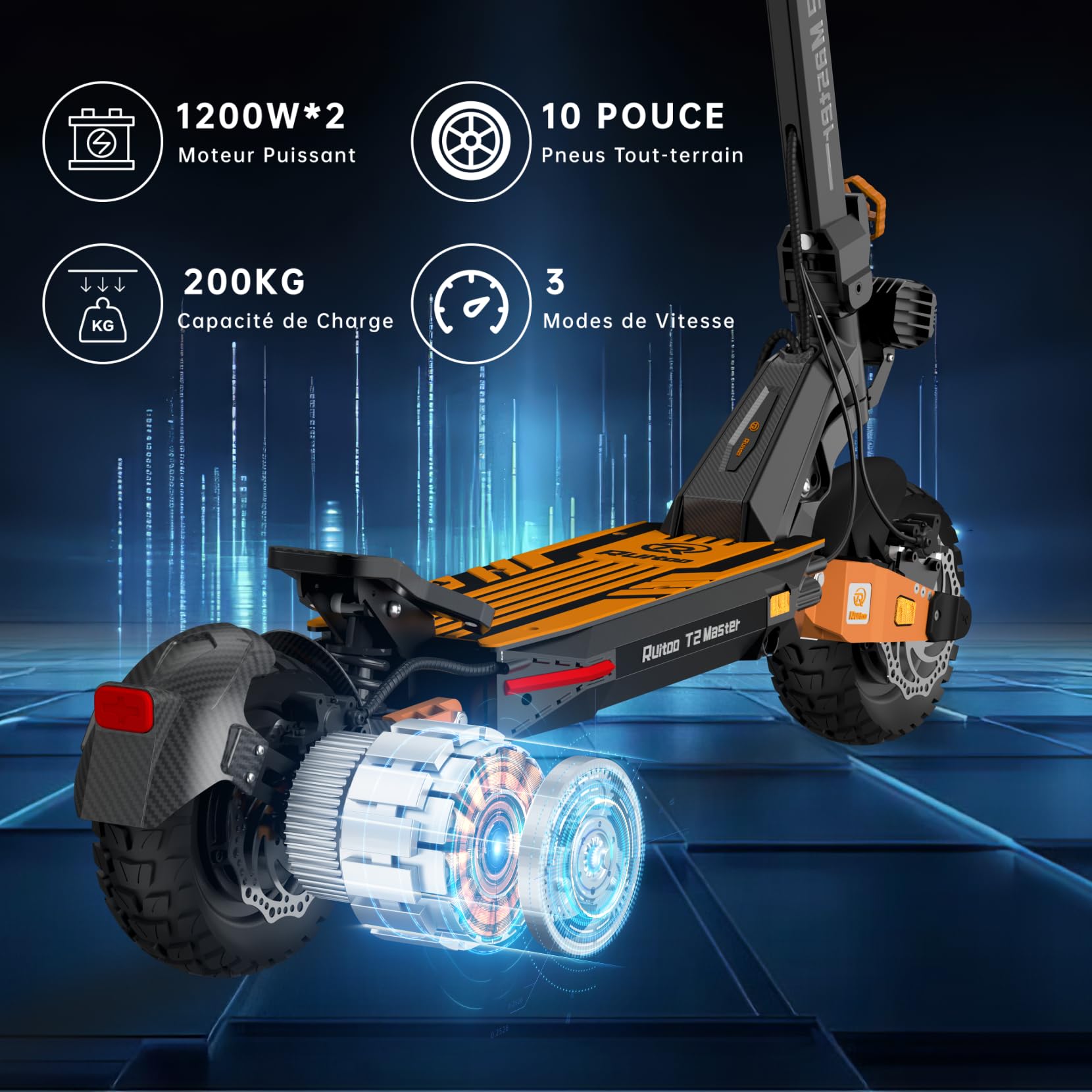 T2 Master Trottinette Électrique, Autonomie Max 65KM, Double Moteur, Batterie 52V 20.8Ah, Pneus Tout-Terrain 10 Pouces, 3 Mode de Vitesse, Affichage Intelligent, Facile à Plier